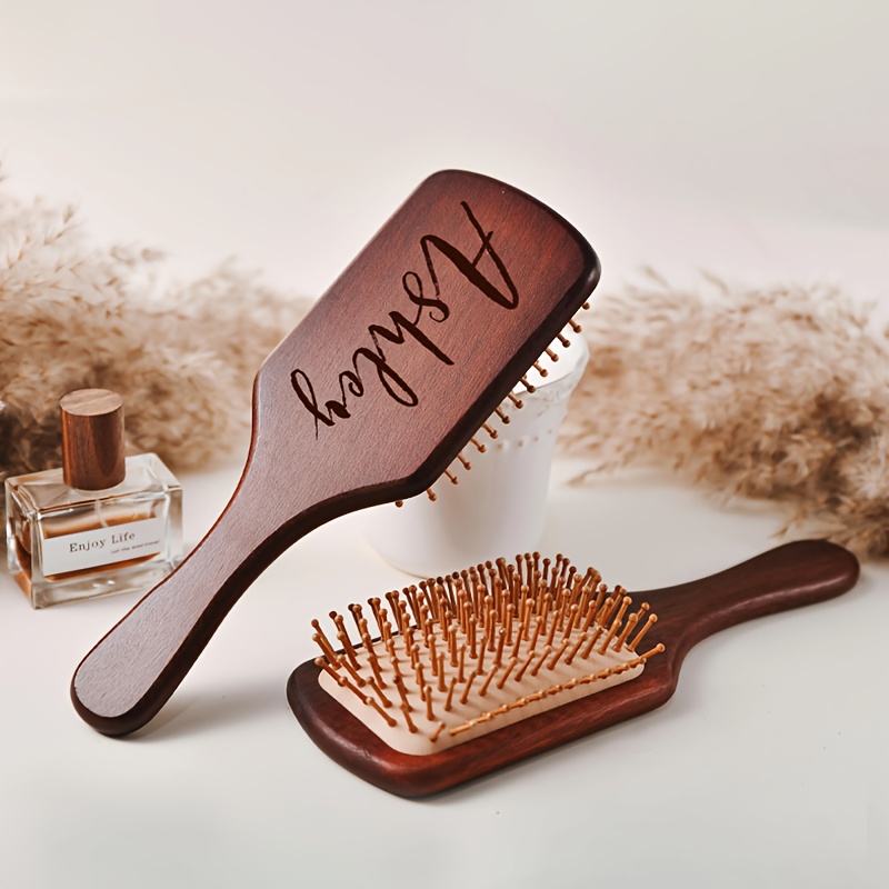 TEMU 1pc Personalized Bamboo Hair Brush With Custom Name/text Engraving - Natural Detangling Brush With Air Cushion Comb & Scalp Massager,