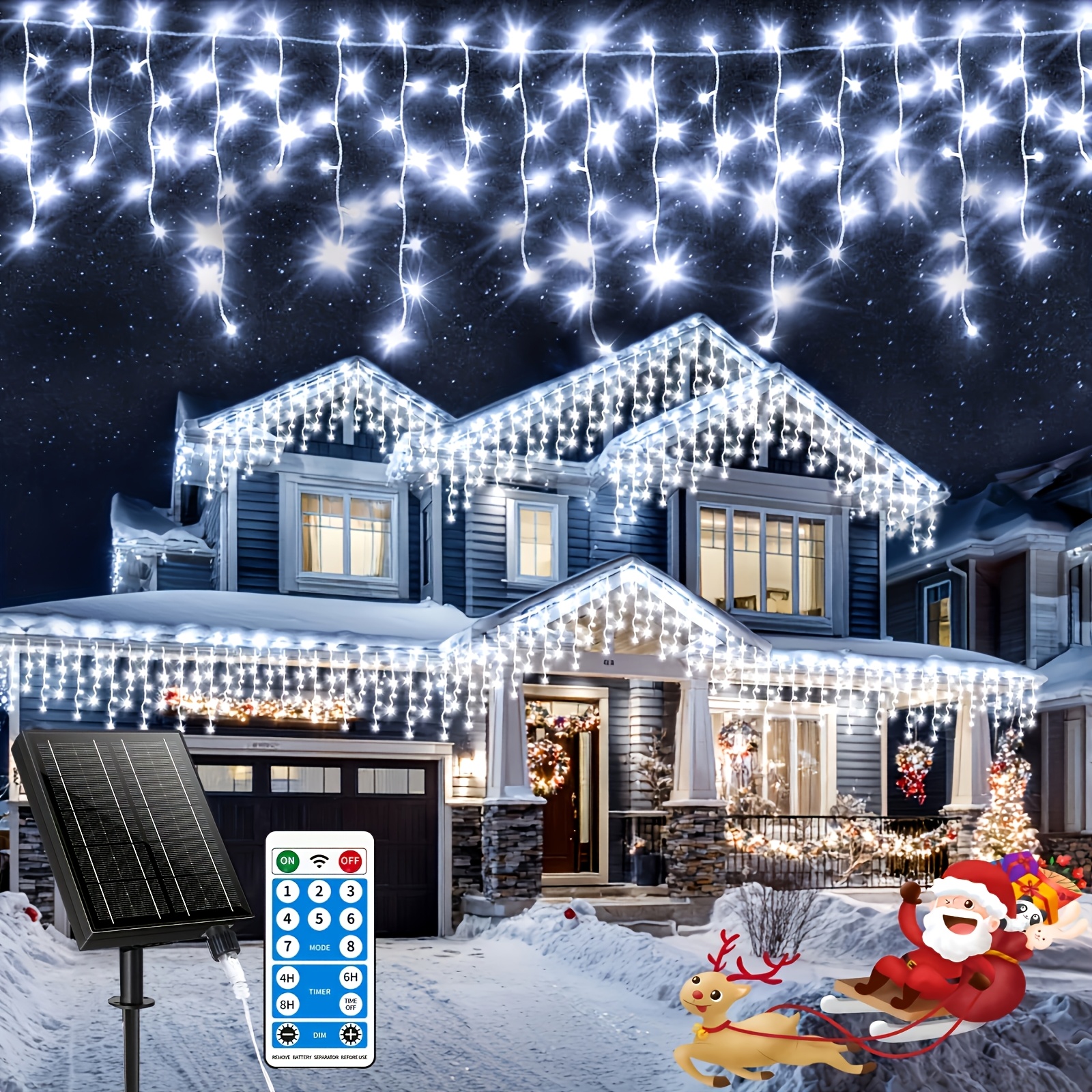 Image of Engineering Solar Icicle Lights Outdoor 82.5ft 20+5m 880led 2500ma Outdoor Christmas Fairy Light String 8 Timed Remote Control Flash Lights For Christmas Roof Party Wedding ( Light)