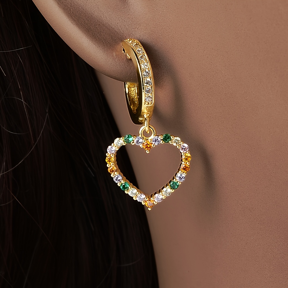 TEMU 1 Pair Luxury 18k Golden Plated Copper Heart-shaped Dangle Earrings With Multicolor Cubic Zirconia For Women, Sexy Elegant Jewelry