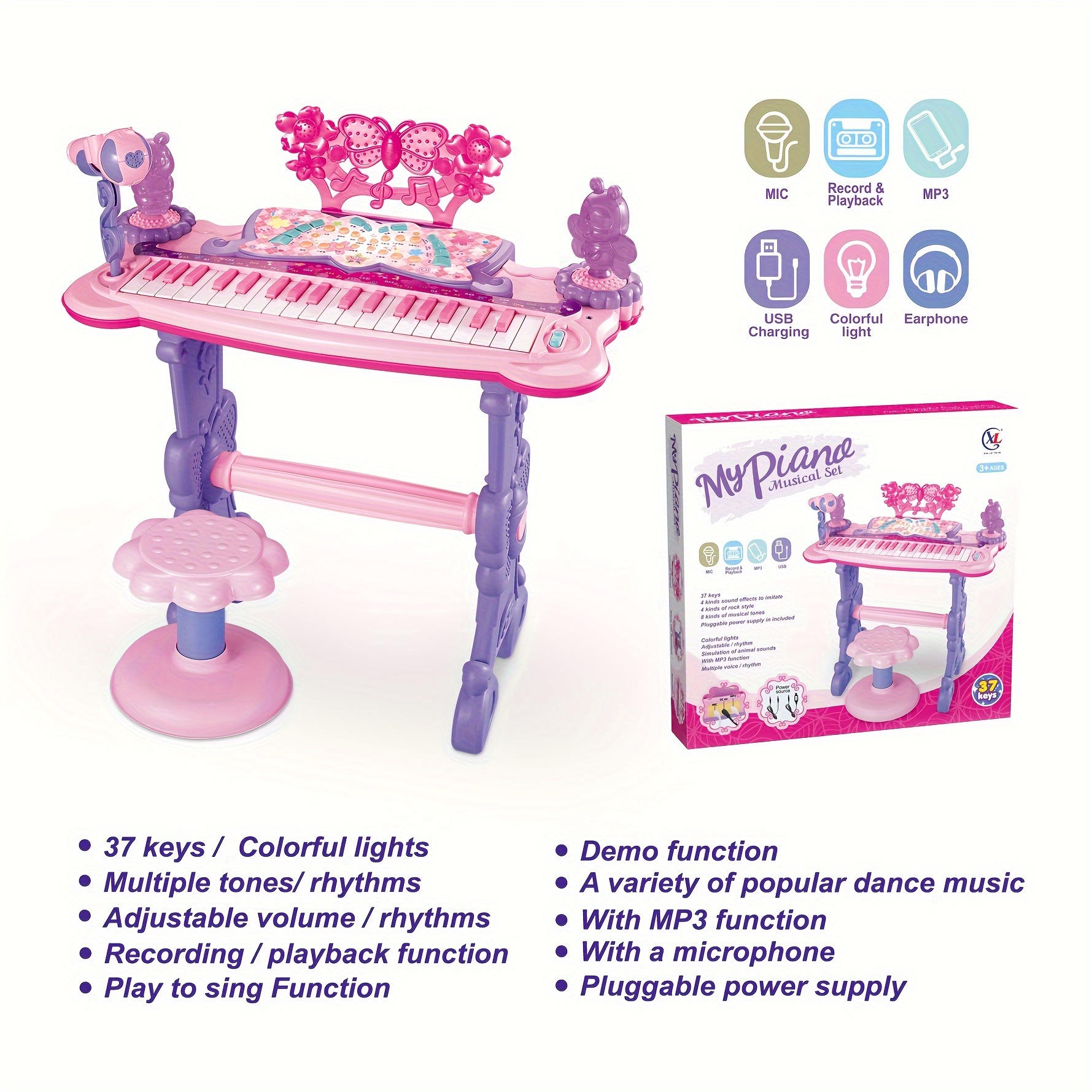 37 key Pink Electronic Keyboard Toy Girls Stand Dual Power details 0