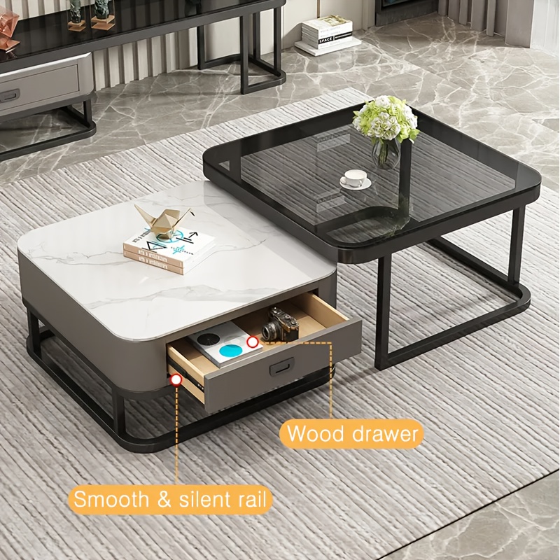 A combination set of a 27.5-inch tempered glass large table and a 23.5-inch slate small table, square coffee table, tea table, suitable for various scenes such as living room, bedroom, courtyard, reception room, etc.