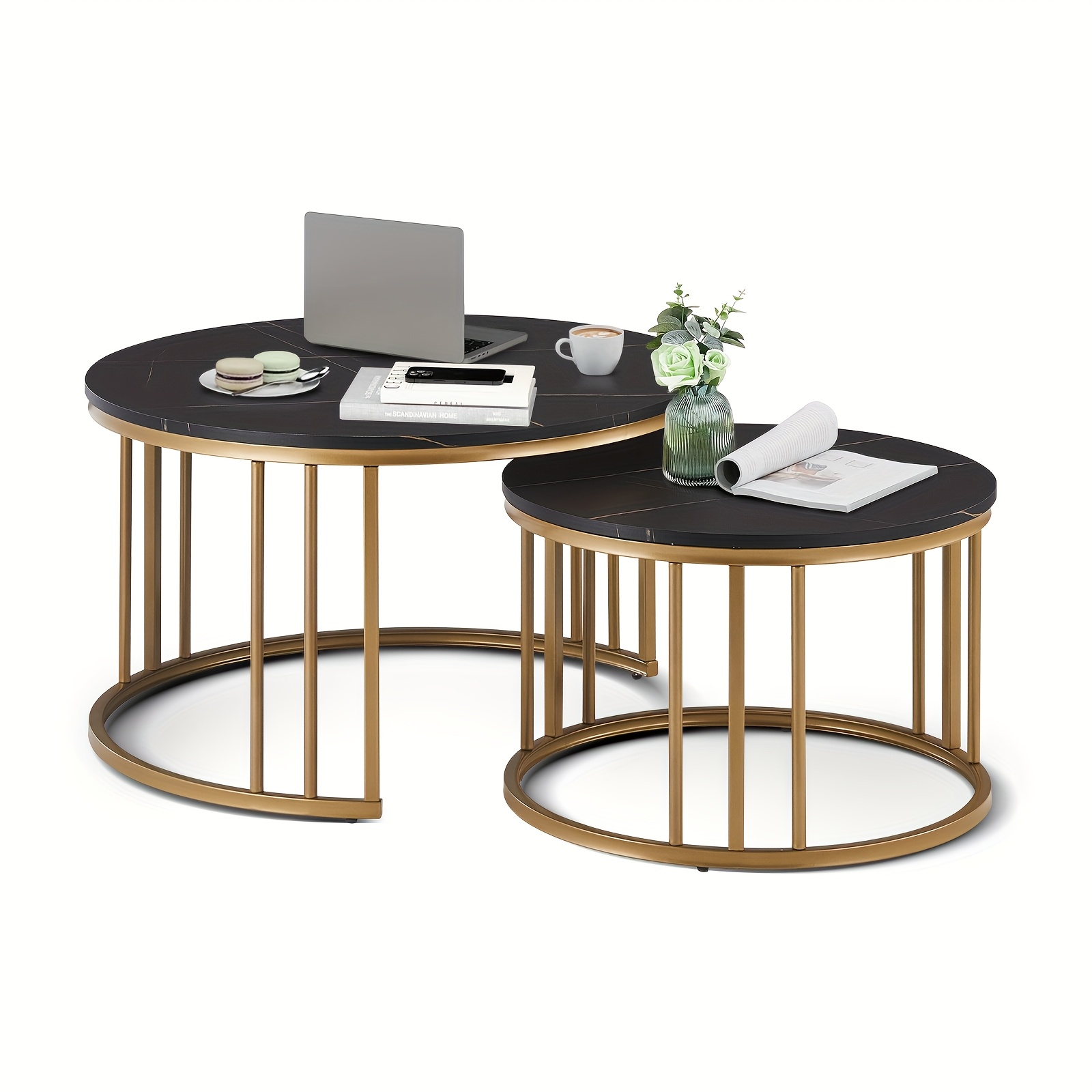 E-shop Nest-Kaffeetisch-Set, 2-teilig, runde Kaffeetische mit goldenem Rahmen, moderner Marmor, schwarzer Nest-Tisch für Wohnzimmer, Home Office