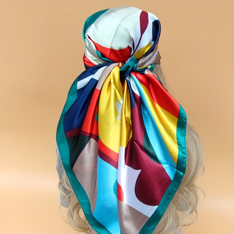 

35.43" Contrast Color Square Scarf Thin Smooth Satin Headscarf Windproof Sunscreen Head Wrap For Women