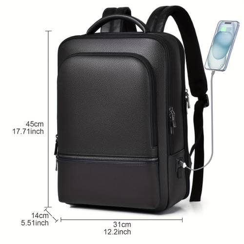 mens genuine leather laptop backpack with usb charging port fits 15 6 laptop waterproof stain resistant adjustable shoulder straps multiple compartments black business college travel bag