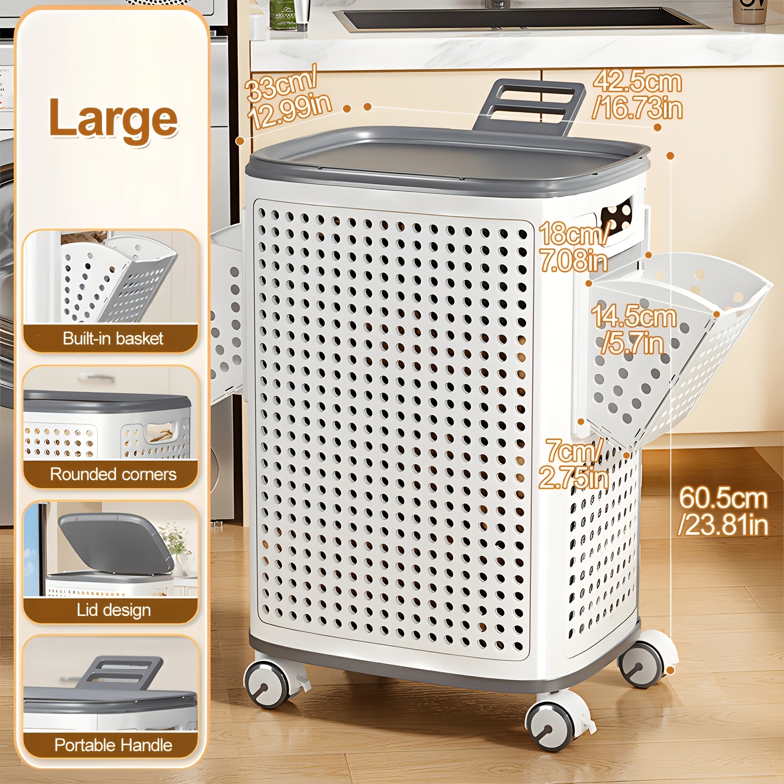 Image of 58/70l (15.32/18.49 Gal) Large Fashion Laundry Basket With Wheels, Large Foldable Laundry Basket With Wheels, With - Space- Home Storage Solution, Suitable For Dorms, Bathrooms, Bedrooms, Rvs