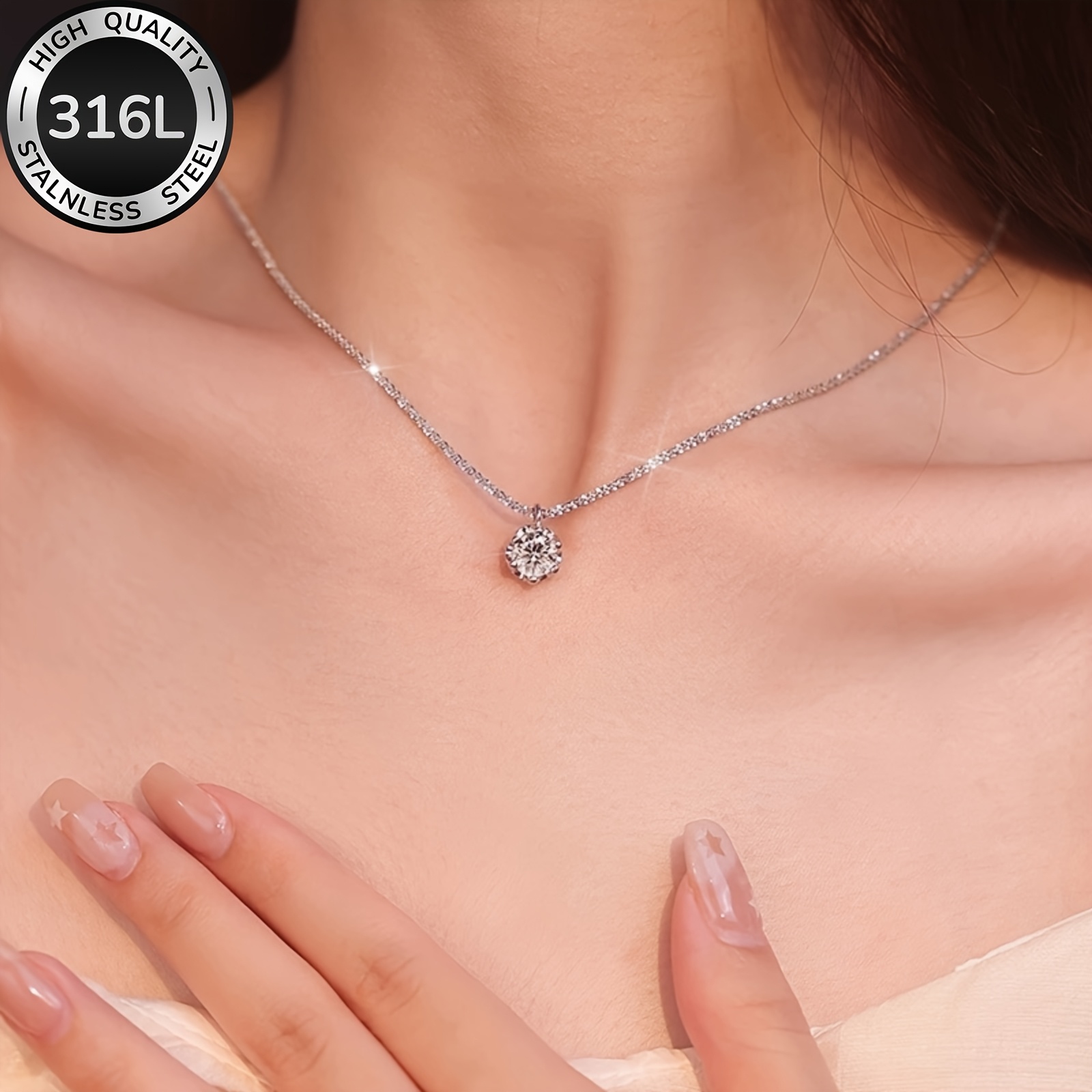 1pc Elegant and Shiny 316L Stainless Steel Women's Necklace, Wedding Eternity Necklace, Inlaid with Synthetic Cubic 3A Zirconia, Durable Hypoallergenic Design, Suitable for Daily Wear, Banquets, Weddings, Christmas Gifts, Valentine's Day Luxury