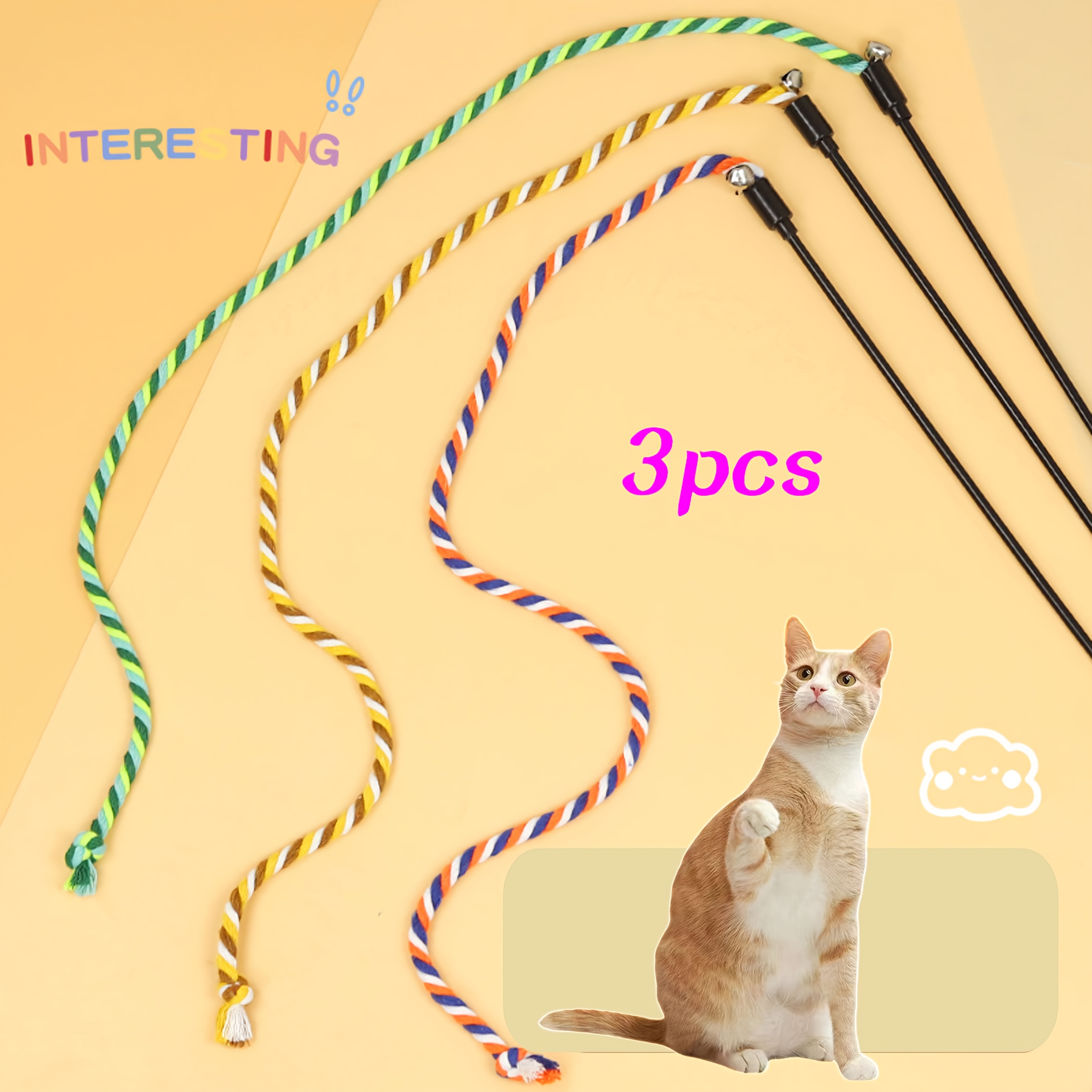 3pcs interactive cat teasing wand with colorful string bell and beads durable non scratch chew toy for cats fun striped design great for indoor play and exercise cat toys without battery Product details 2