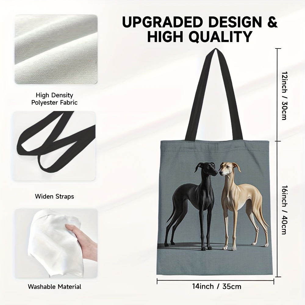 TEMU 1pc Greyhound Dog Pattern Canvas Tote Bag - Machine Washable Reusable Grocery Bag With Fixed Shoulder Straps, Durable Polyester Rectangular Tote