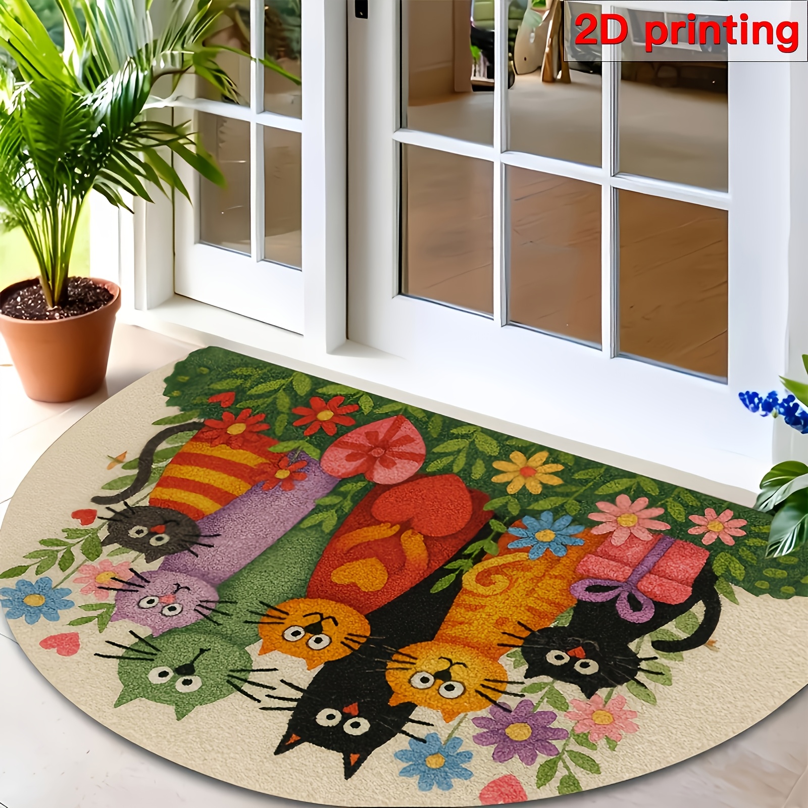 TEMU 1 tapis de porte plat 2D en flanelle, 1 tapis de porte fantaisiste avec chats et fleurs - Tapis d'entrée semi-circulaire avec motif chat et