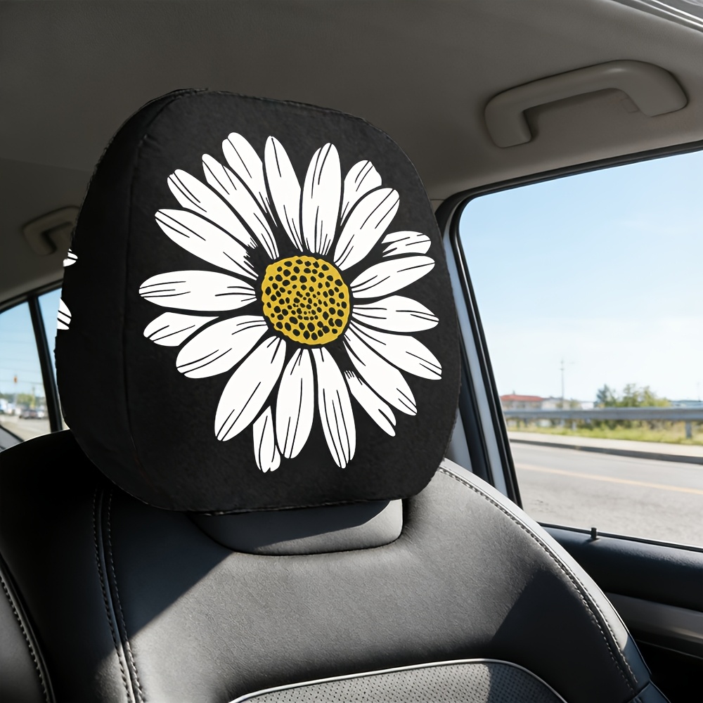 TEMU Lot de 2 housses d'appuie-tête de voiture à imprimé marguerites noires et blanches, protège-oreillers de siège auto style pastoral frais,