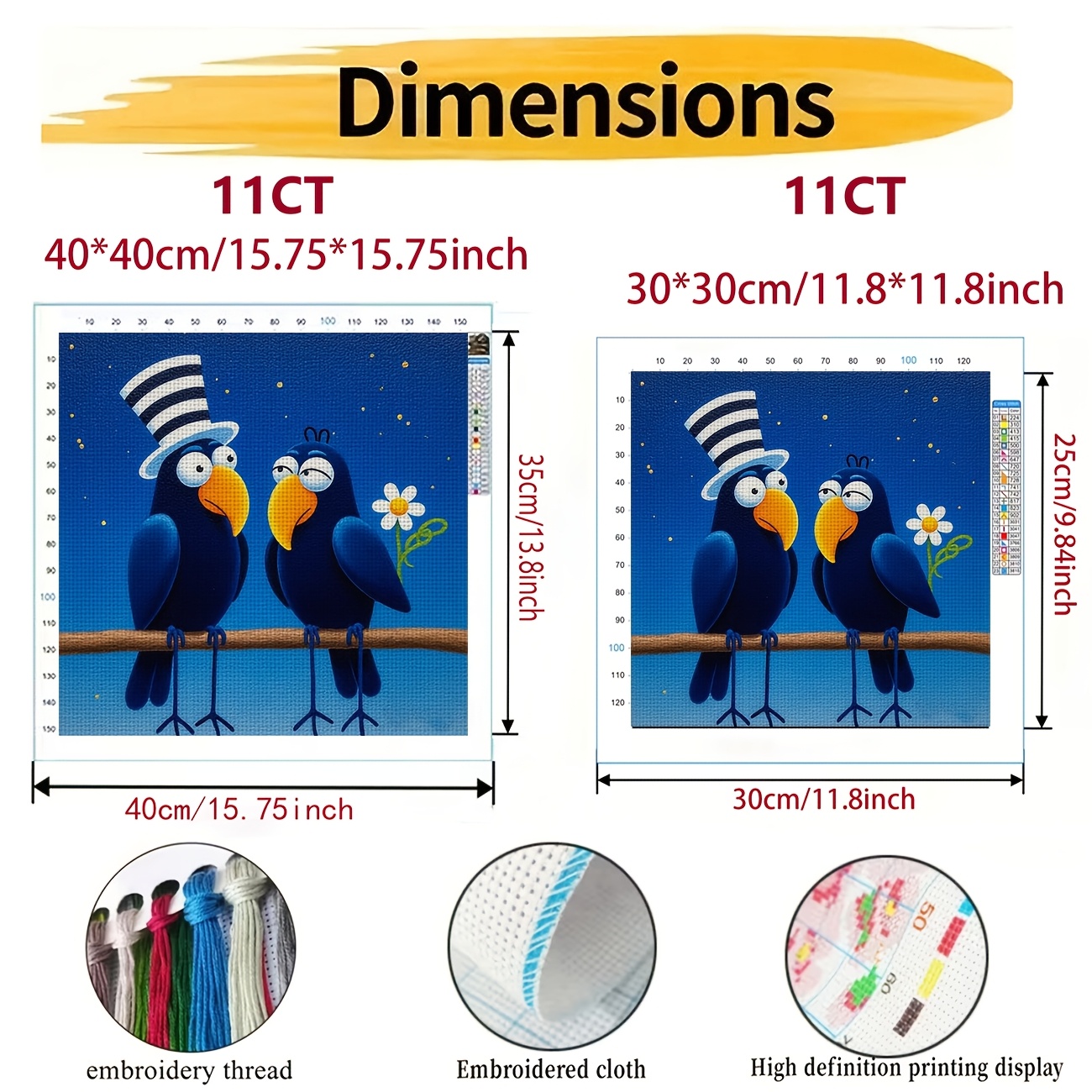 Cross-Stitch Kit Featuring Two Blue Birds Wearing Hats on a Branch
