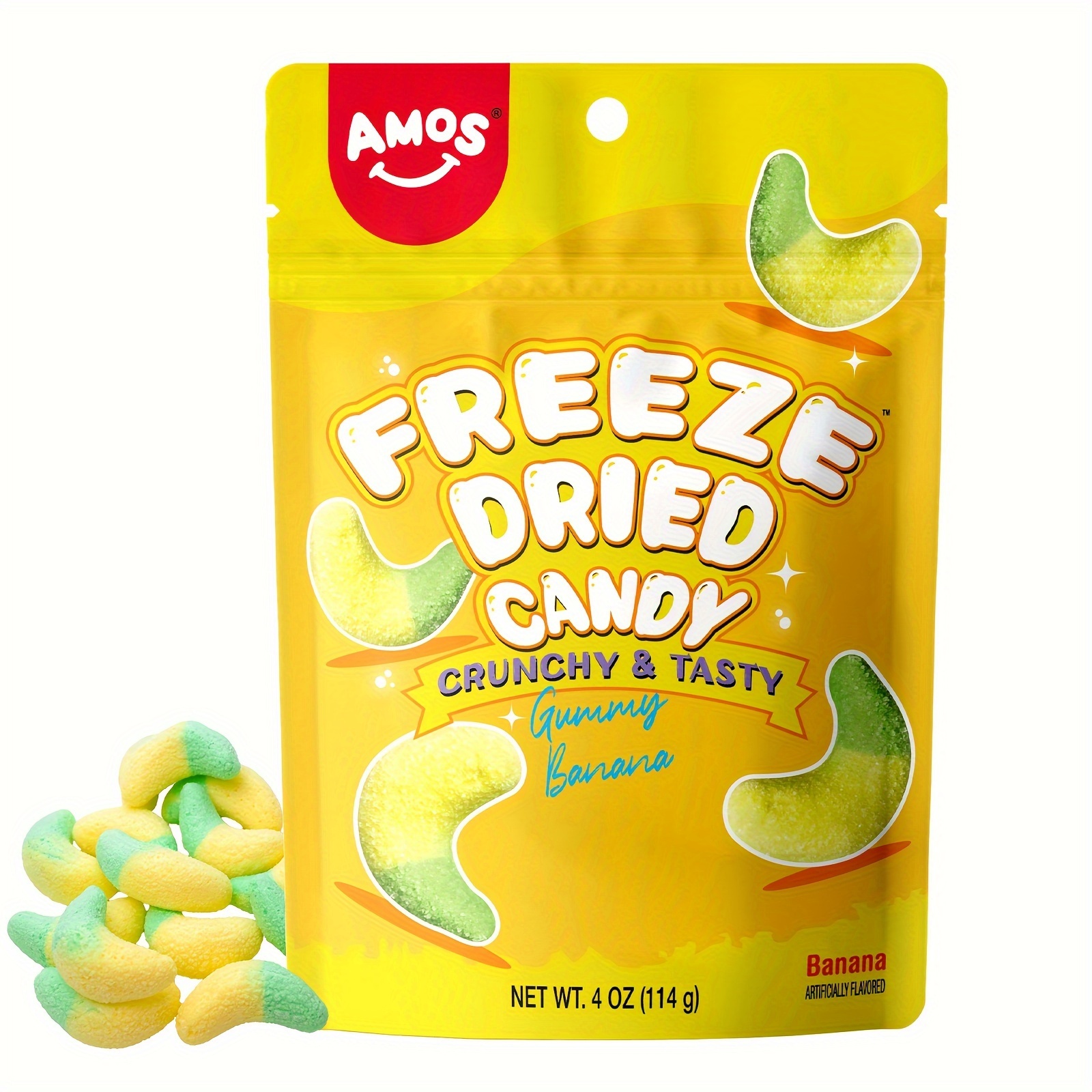 

Amos[1/2pack] Freeze Dried Gummy Banana, Premium Fruit-flavored Candy, Fat-free & Gluten-free, Resealable 4oz Bag Snack Treats