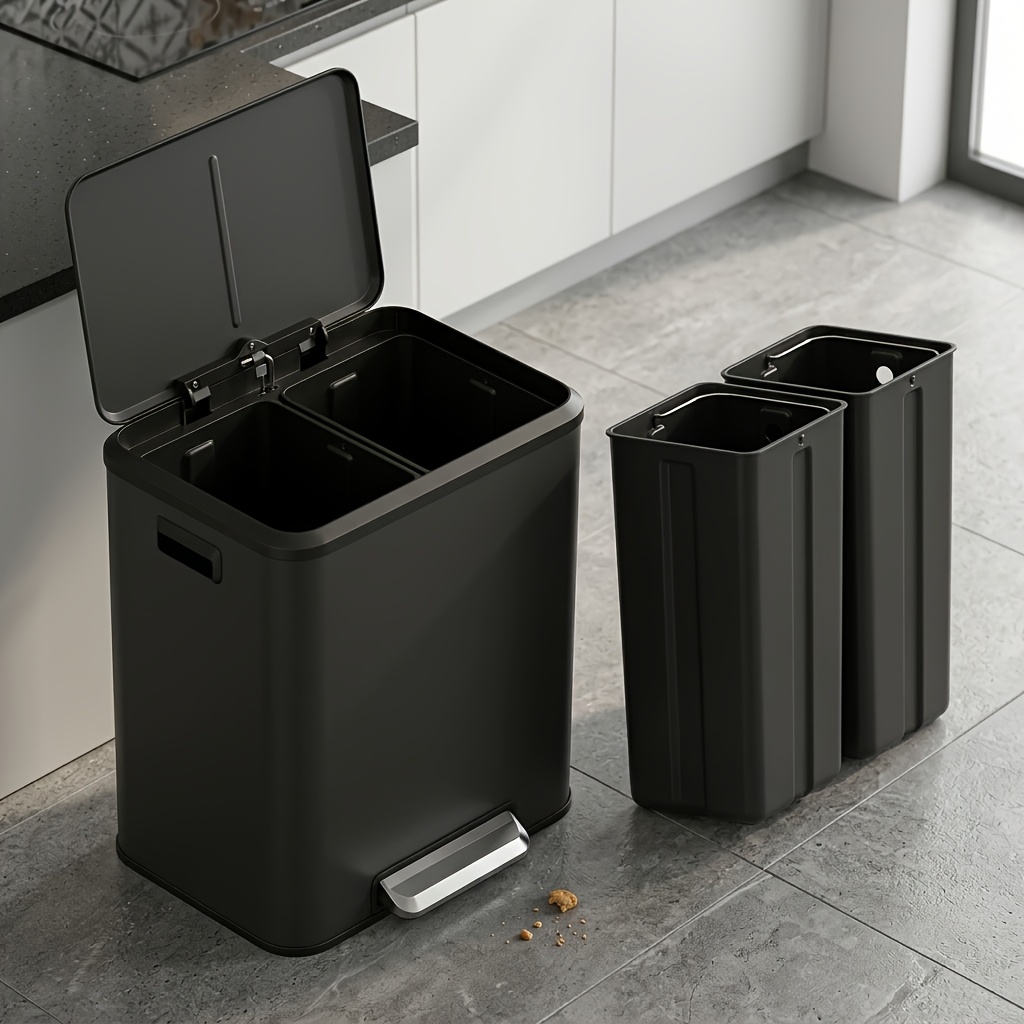 Kitchen Trash Can, Waste X 15l, 2 Compartments For Recycling And Waste, With 2 Inner Bins, Waste Bin,, Lid, Wide Pedal