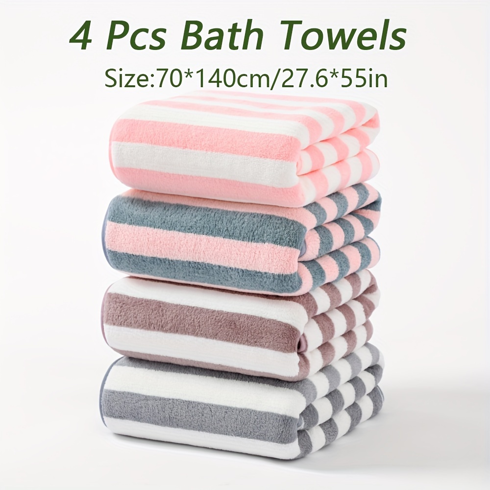 

4pcs Microfiber Striped Bath Towel, Absorbent & Quick-drying Showering Towel, Super Soft & Skin-friendly Bathing Towel, For Home Bathroom, Ideal Bathroom Supplies