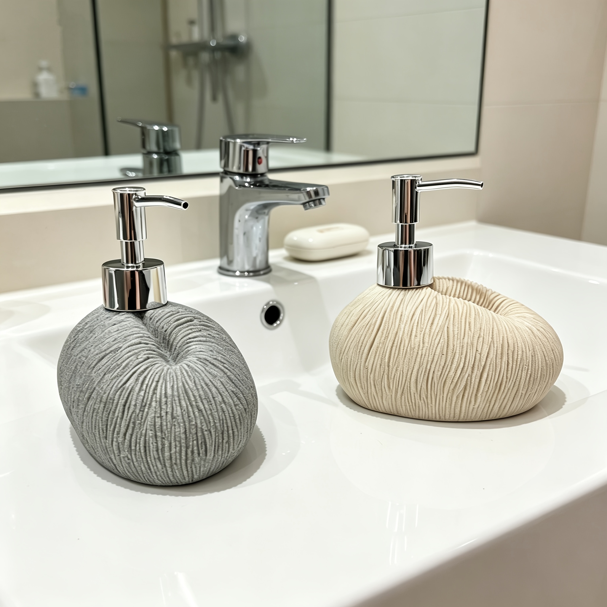 Wabi-Sabi Stone Shape Liquid Soap Dispenser, Ribbed Textured Refillable Lotion Pump Bottle, Decorative Hand Soap Dispenser for Bathroom Kitchen Countertop, Gray/Beige