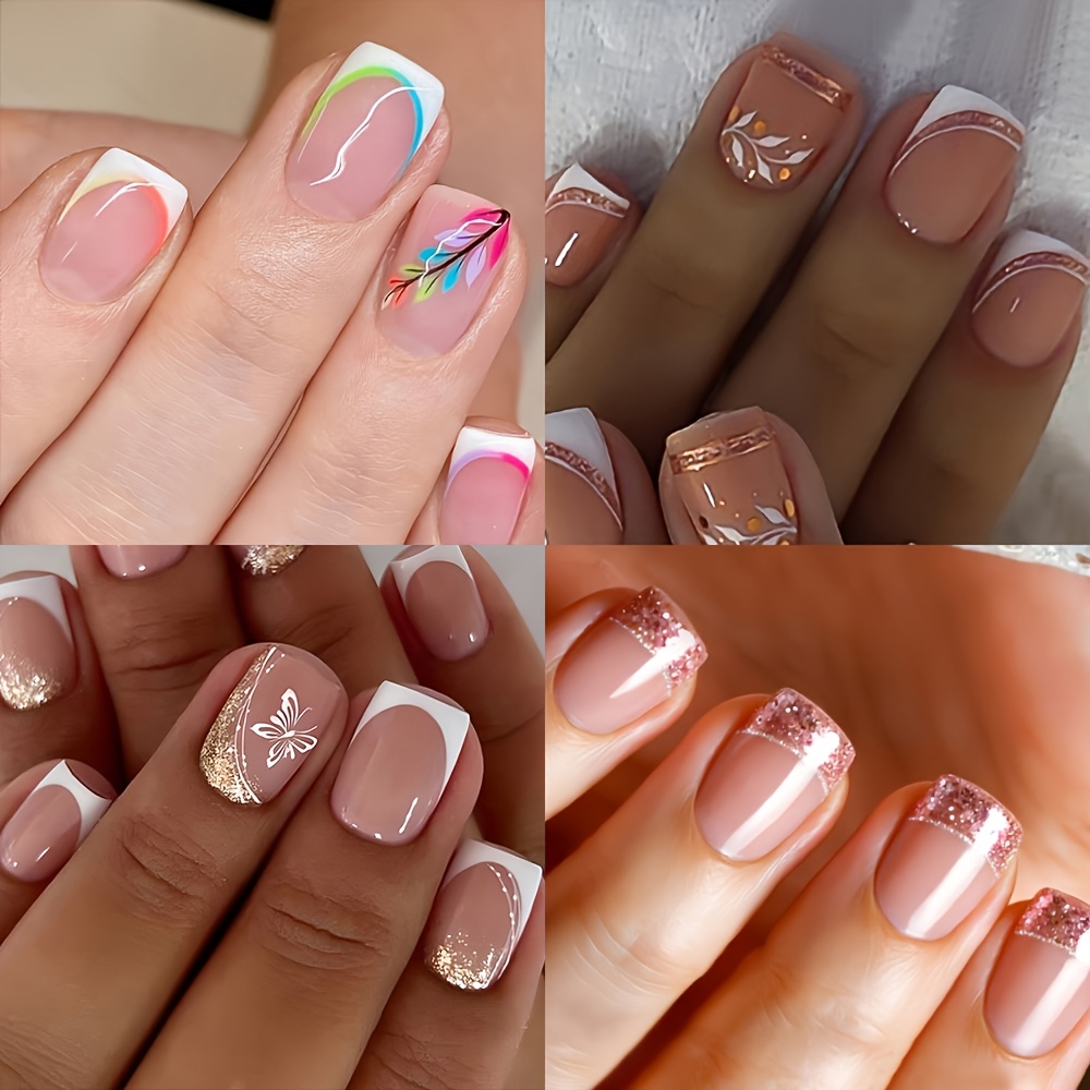 Image of 96pcs (4 Sets) Glossy Short Long Squoval Press On Nails French Style Fake Nails With Flowers Pattern Artificial Reusable False Nails For Women And