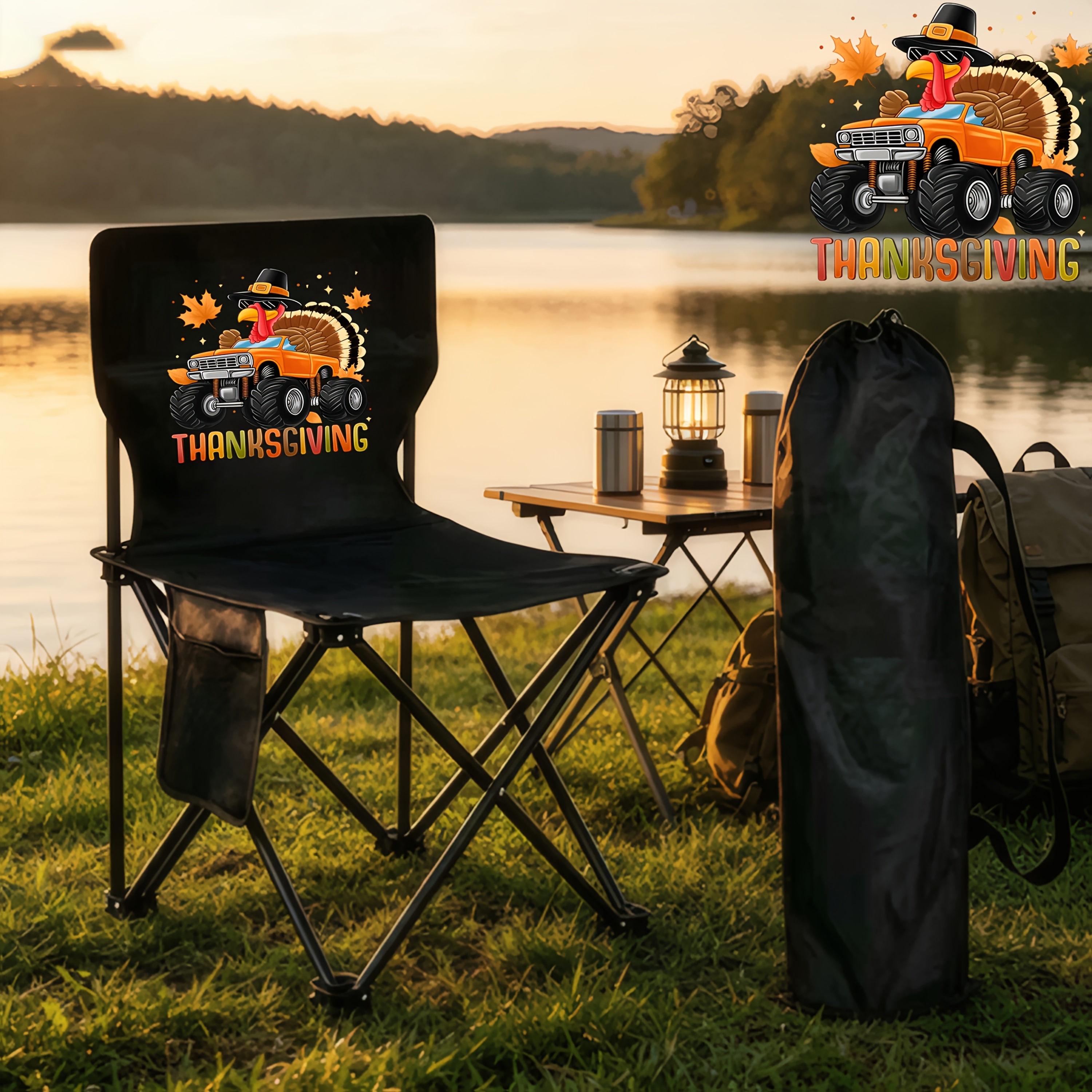 item picture 1pc portable outdoor folding chair featuring a thanksgiving turkey wearing a hat and fashion glasses driving an   road vehicle surrounded by   this lightweight and portable folding chair is durable and suitable for outdoor