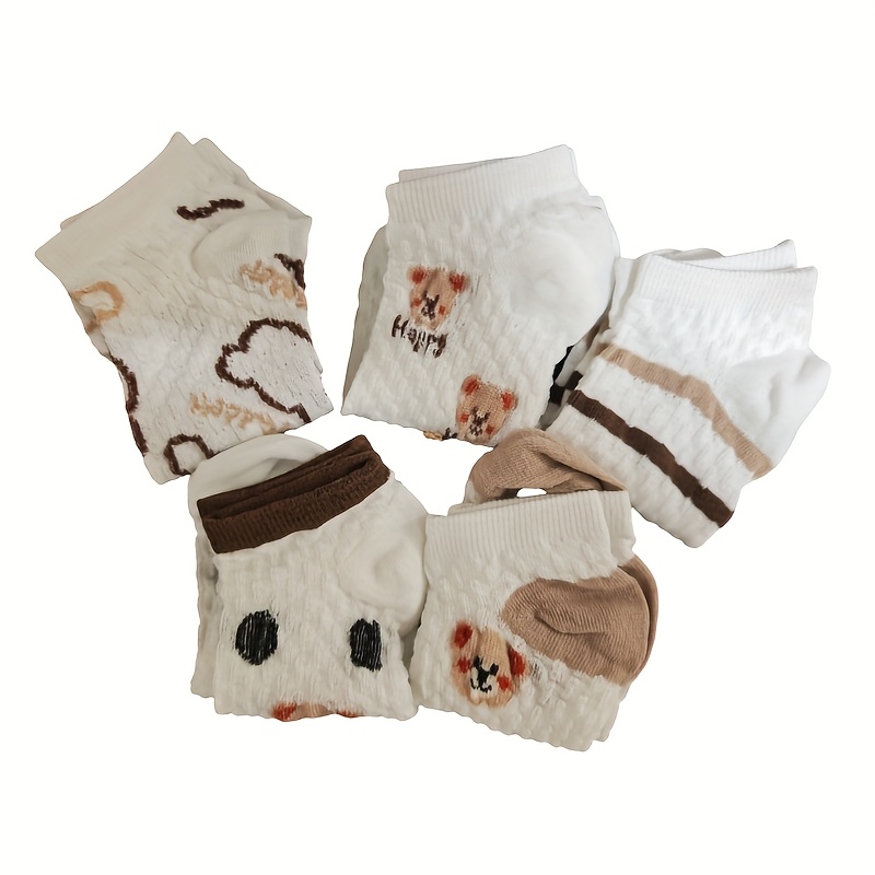 TEMU 5 paires de chaussettes mignonnes à motif ours pour femmes - couleur rose doux (blanc riz/marron) - résille respirante, adaptées et aux tenues