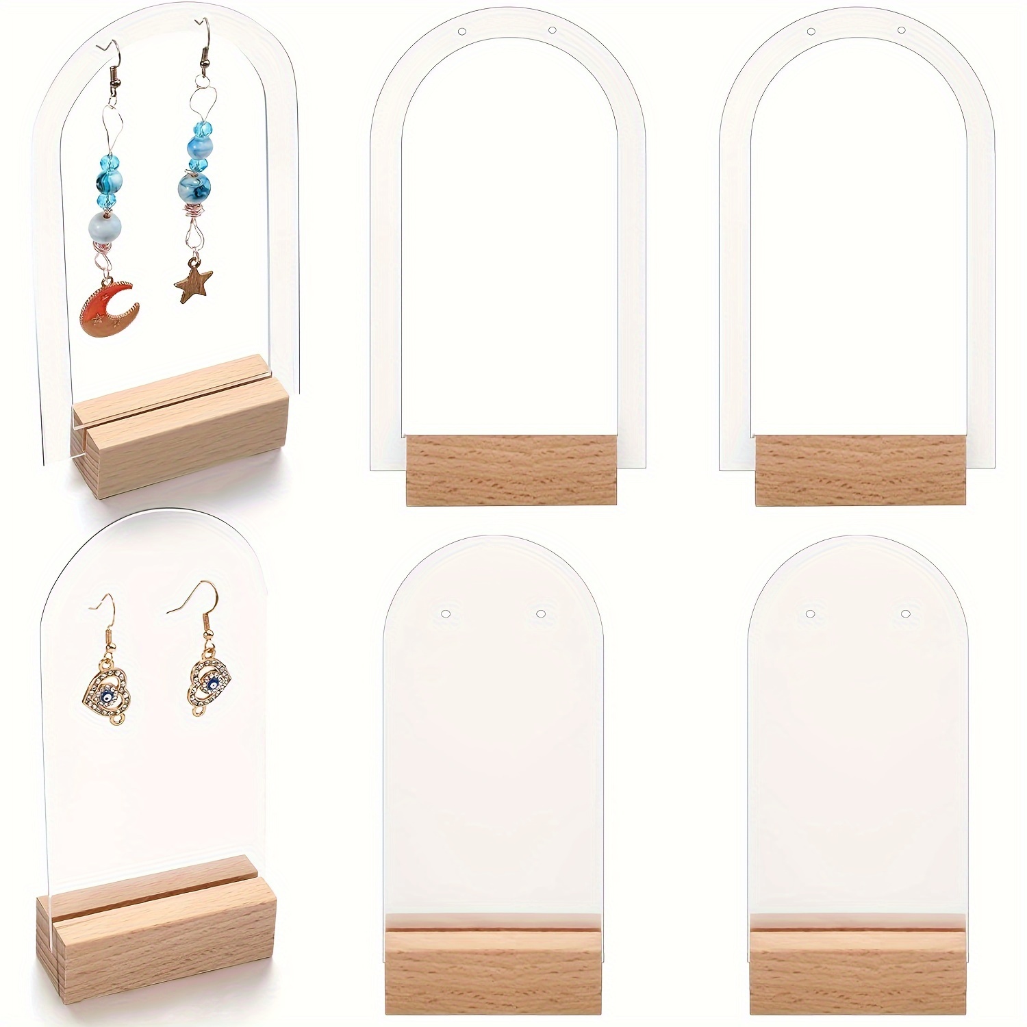 

6 Pcs Acrylic Earring Display Stands With Wooden Bases - Classic Style, Perfect For Studs And Dangle Earrings - Wedding Themed, No Power Required