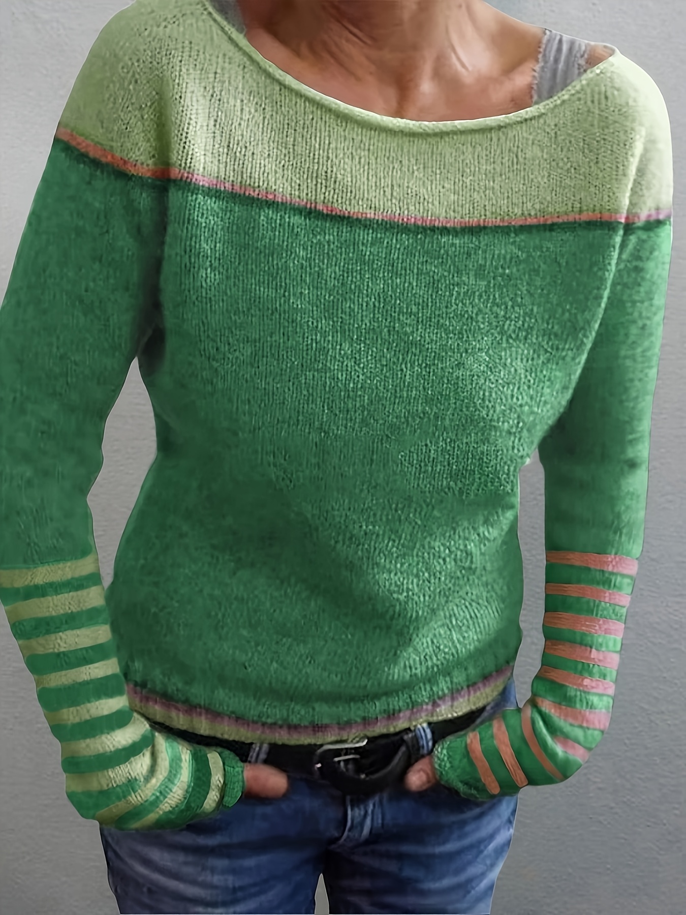Pull Décontracté à Rayures et Blocs de Couleur
