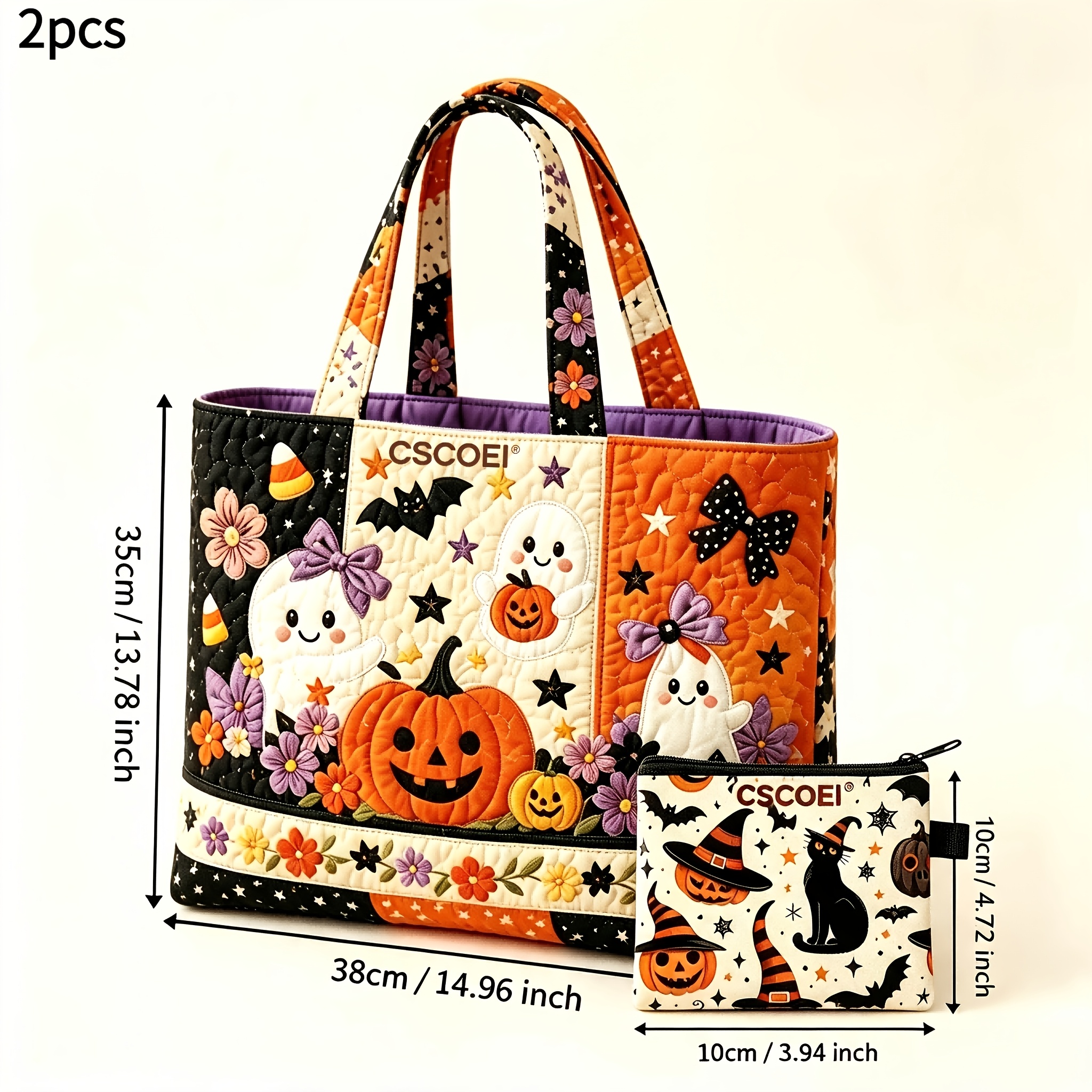 TEMU Cscoei 2/3pcs Halloween Tote Bag With Coin Purse Set For Women Large Capacity Crossbody Purse Cute Pumpkin Bat Print, Machine Washable Reusable