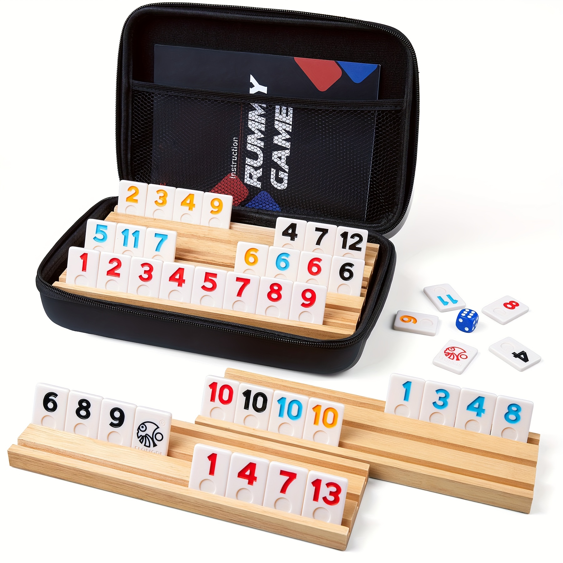 Rummy – Jeu De Société En Bois – 112 Tuiles, 4 Supports, Sac De Rangement – Dès 6 Ans – Cadeau Familial