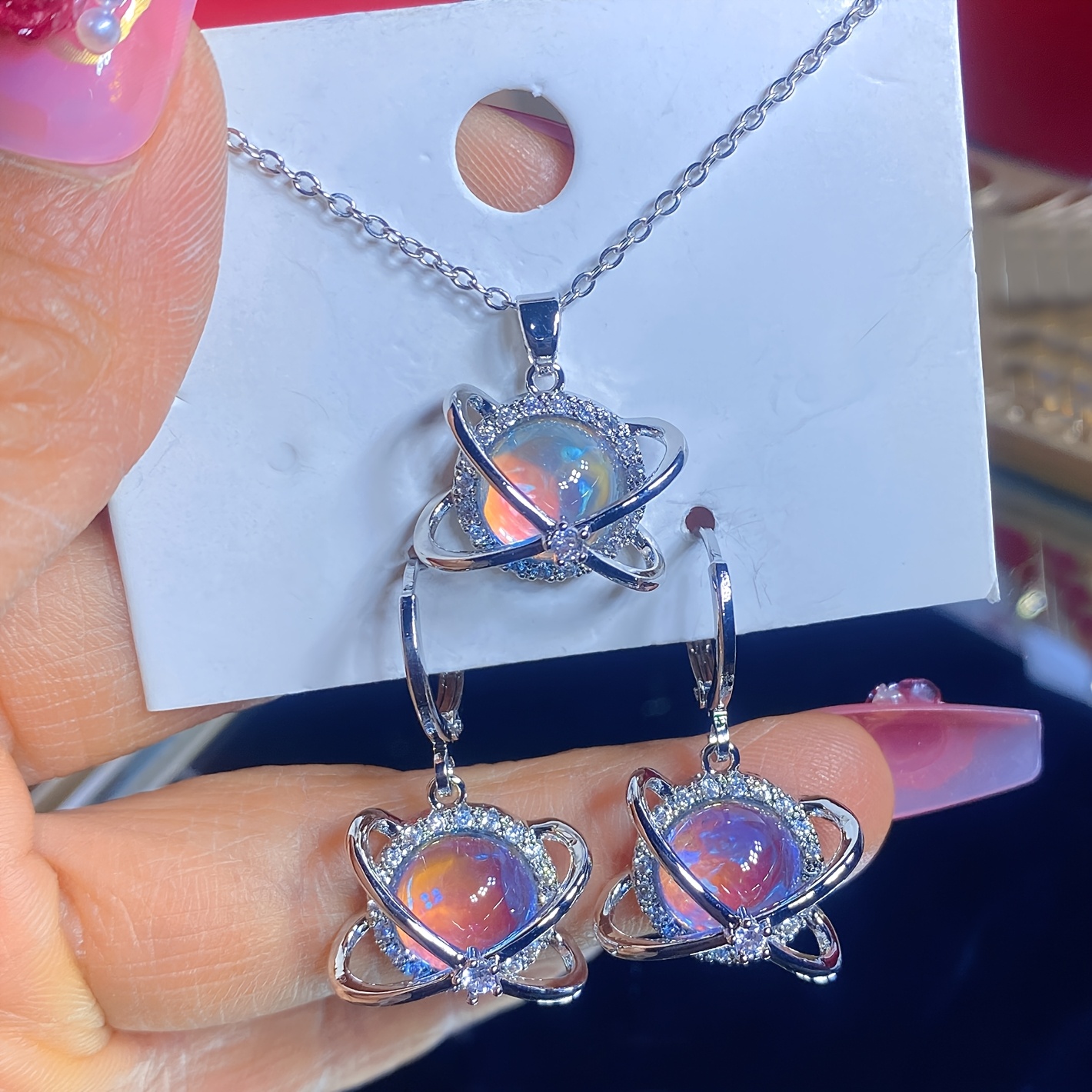 3pcs Dreamy Planet Starry Sky Necklace and Earrings Set