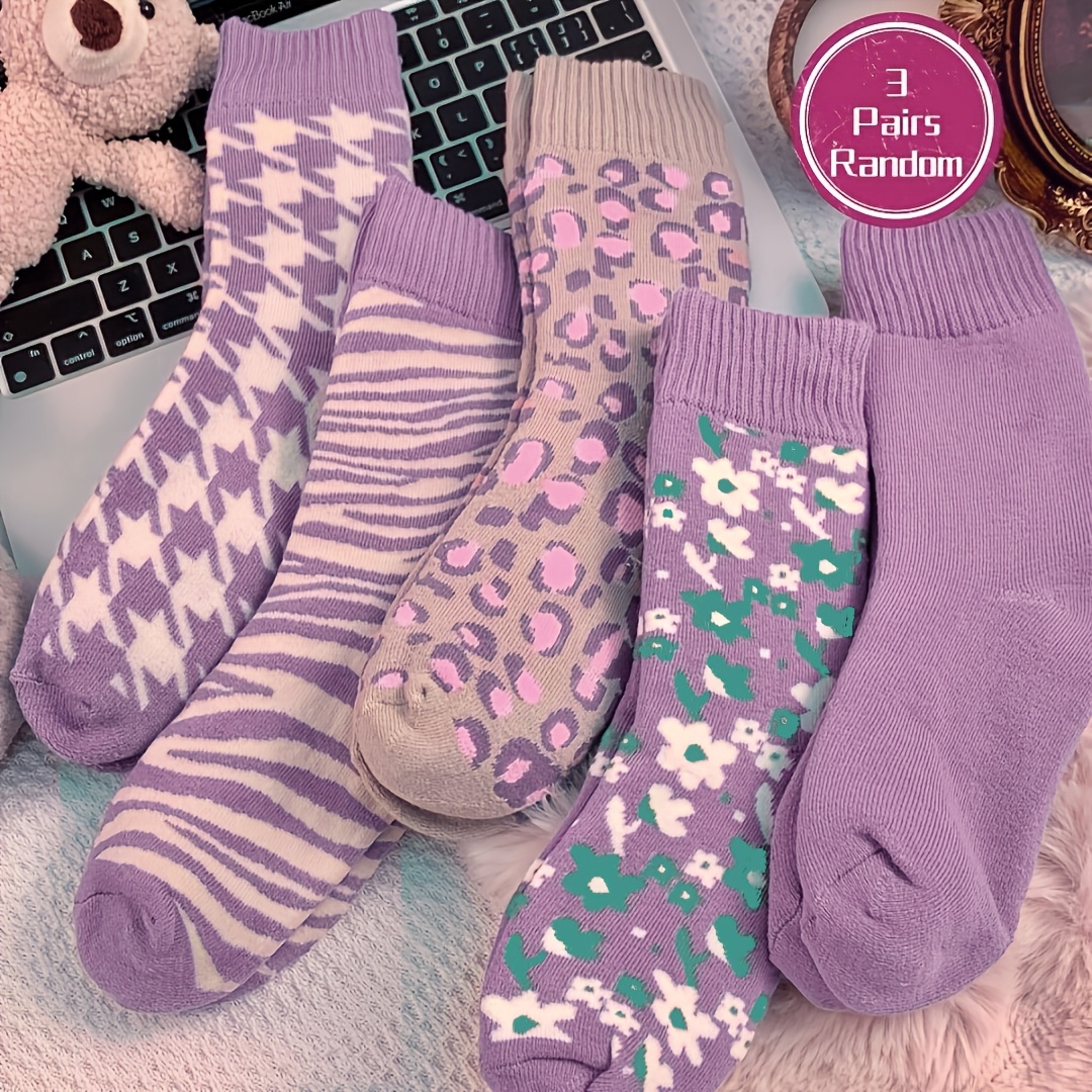 TEMU 3-pair Women's Thermal Winter Socks Suitable For Sleeping & Warmth, Thickened-lined Mid-calf With Ribbed Sole, Machine Washable Warm Booties For