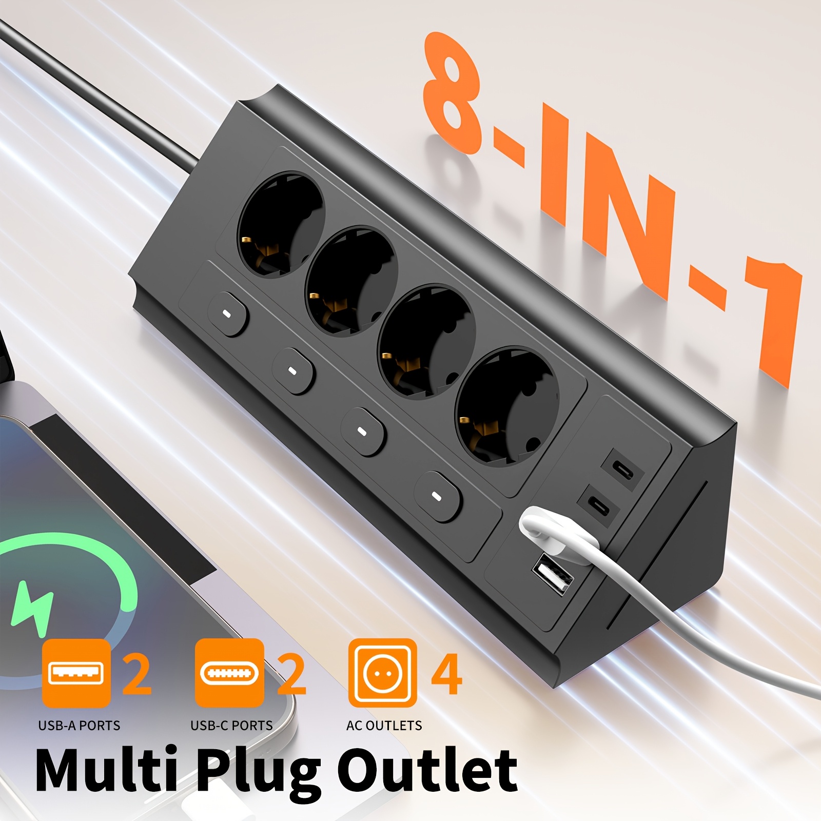  EU 4-Switch Power Strip, 1, 5m Extension Cord with 4 AC Outlets and 2 USB Type-C Ports, Corner Wall Plug, Independent Control Switch Socket, Suitable for Home, Office, Travel, Computer