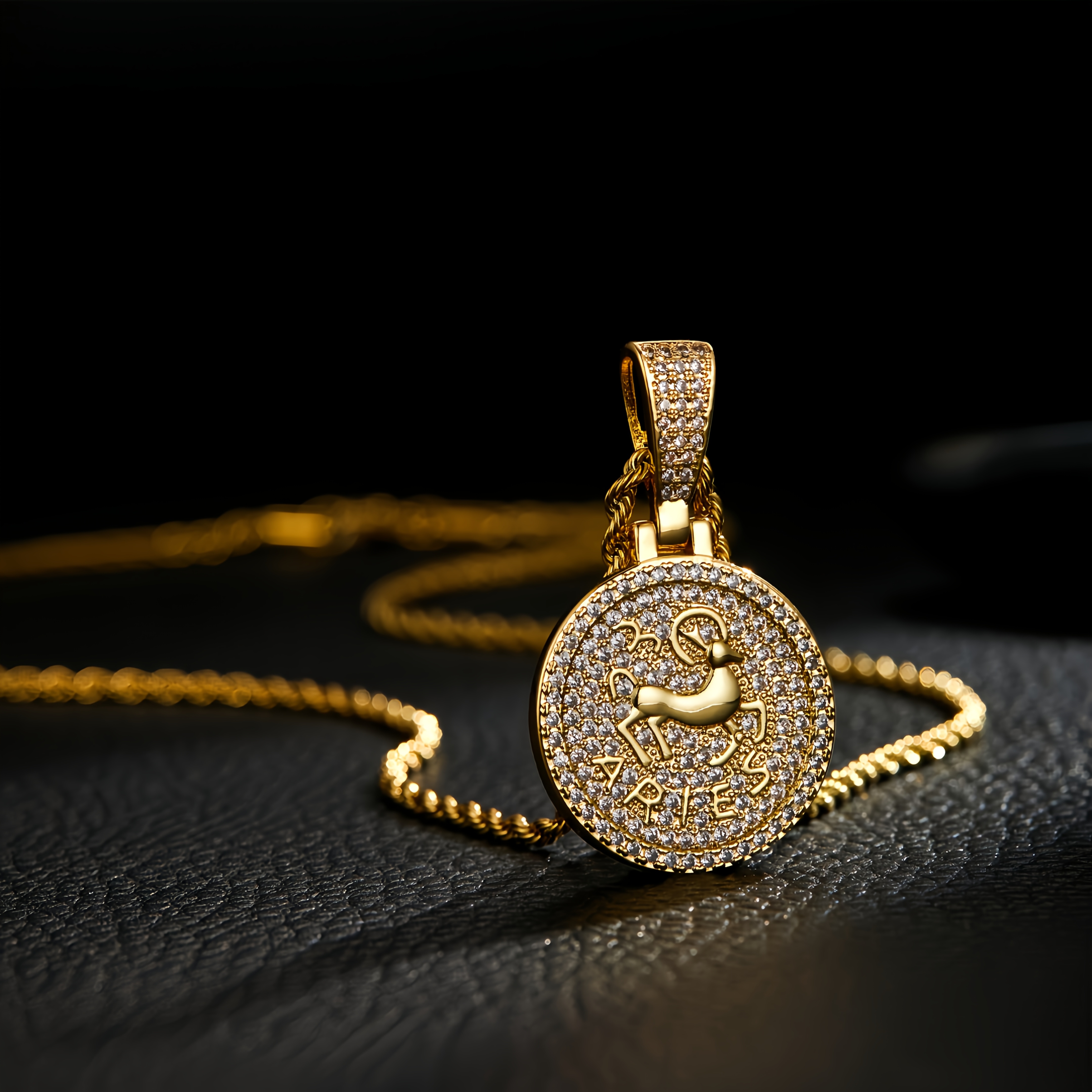 Image of 1pc Cubic Golden Hip Hop Chinese Zodiac Sign Pendant Necklace For Women And Men, Leo Aries Zodiac Pendant, 201 Stainless Steel Twisted Rope Chain, 23.6 Inches (. 60cm)