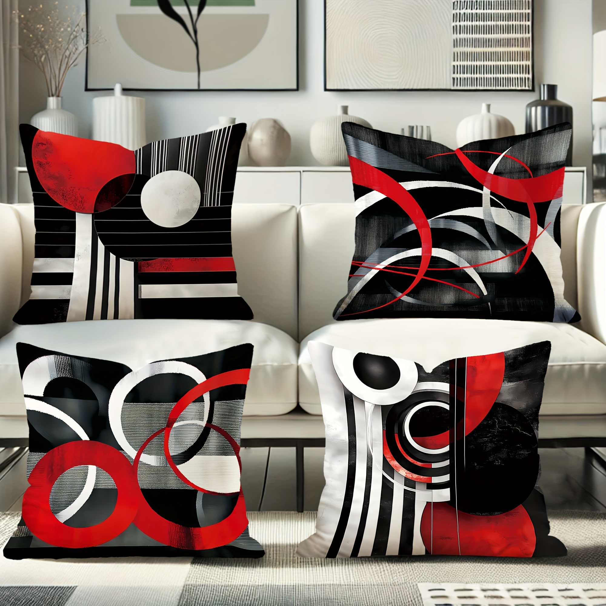 

4pcs Set Modern Abstract Red, Gray & Black Throw Pillow Covers With Zipper Closure - Sofa & Patio Decor, Machine Washable Polyester, Contemporary Farmhouse Style Home Accent Cushions