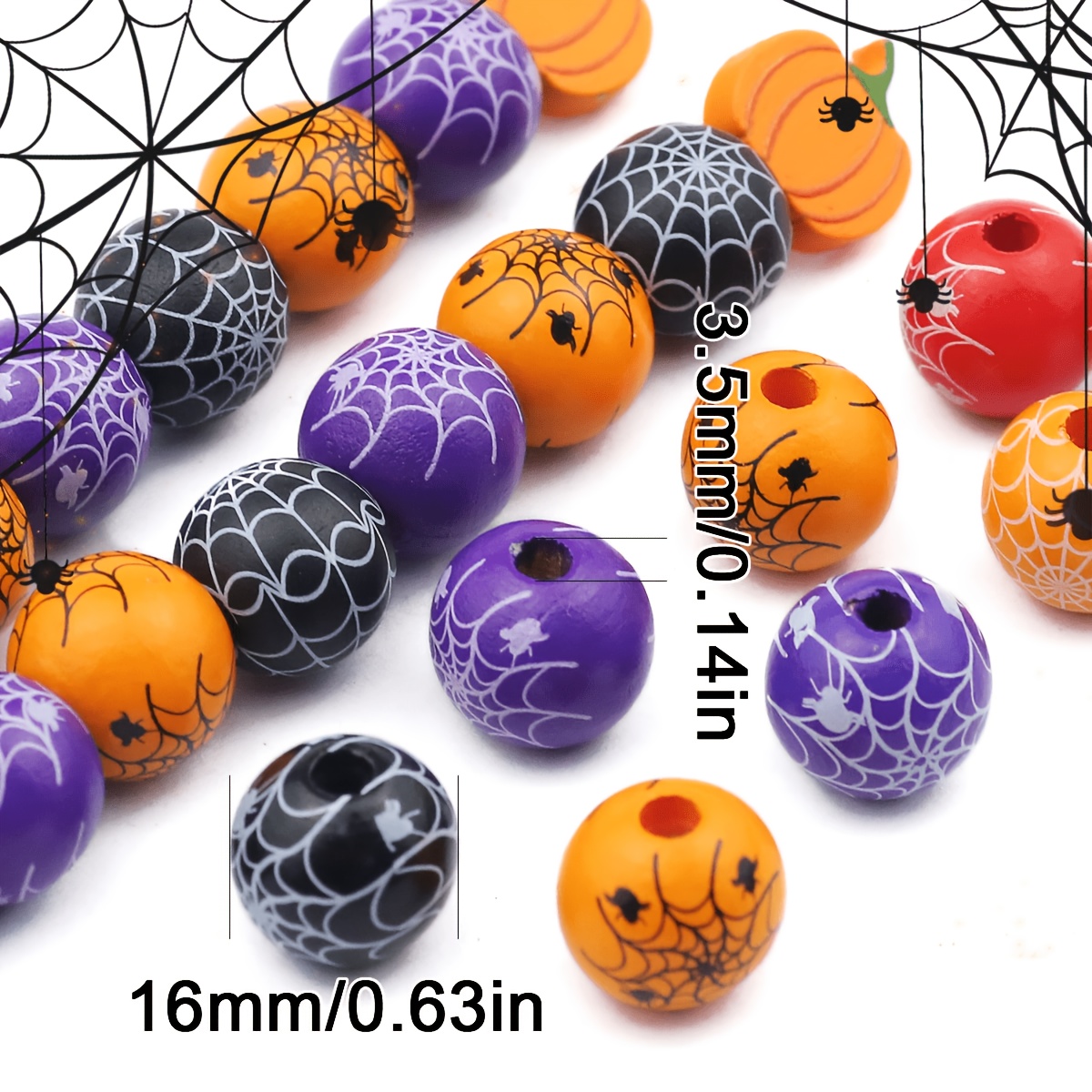 TEMU 20pcs 16mm Random Color Spiderweb Print Wooden Beads, Halloween Style Diy Craft Materials For Necklace And Bracelet Beading, Themed Party