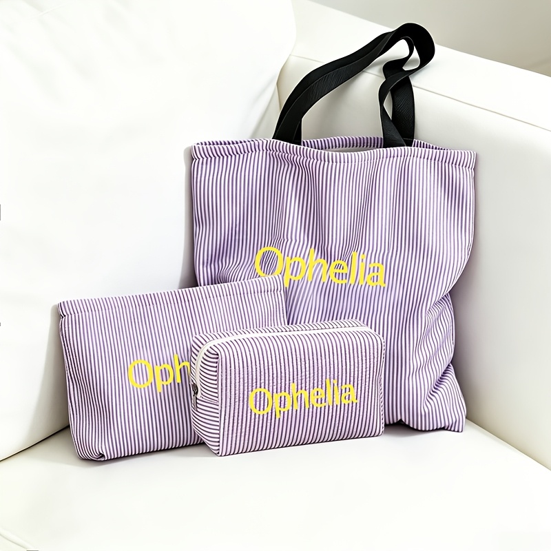 TEMU 3pcs Custom Text Women' Set, Seersucker Material Webbing Shoulder Bag, Makeup Bag, And Prince Bag Combo, In Orange | Pink | Purple Three-stripe