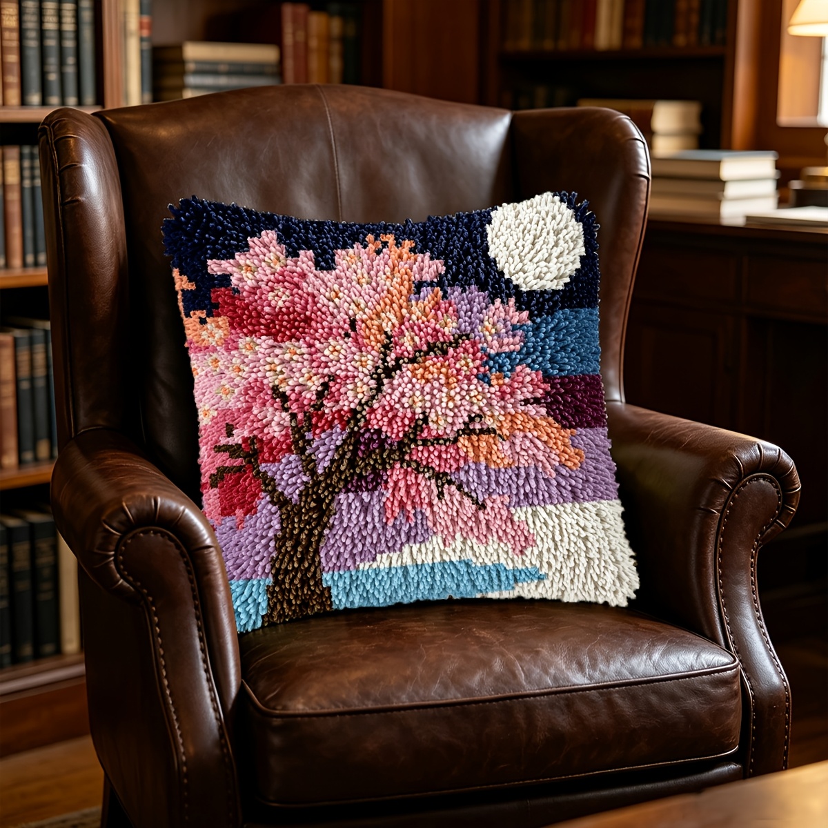 Latch Hook Kit with Pink Trees in the Moonlight, DIY Craft Set