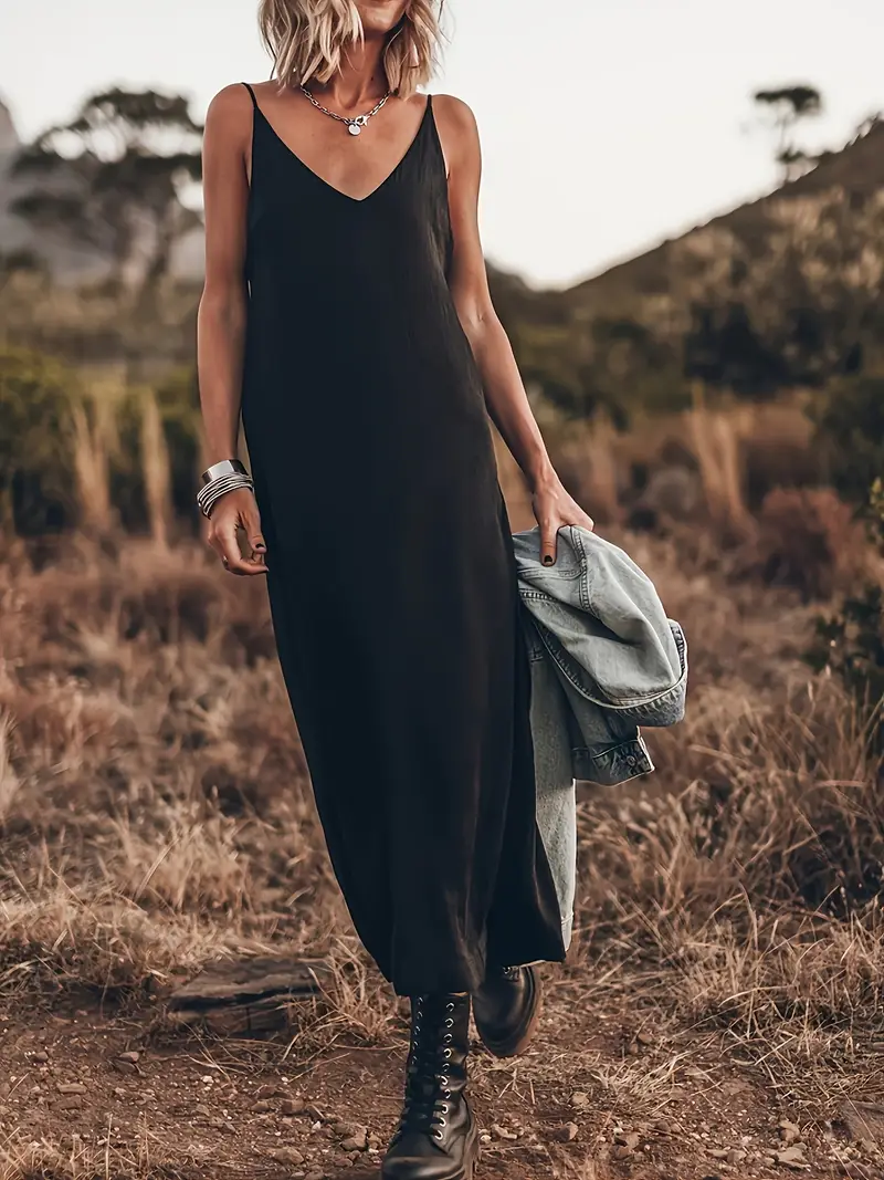 black camisole dress Women's Black Sleeveless Cami Maxi Long Dress Party Spaghetti Strap Black Dress at Amazon Women's Clothing store