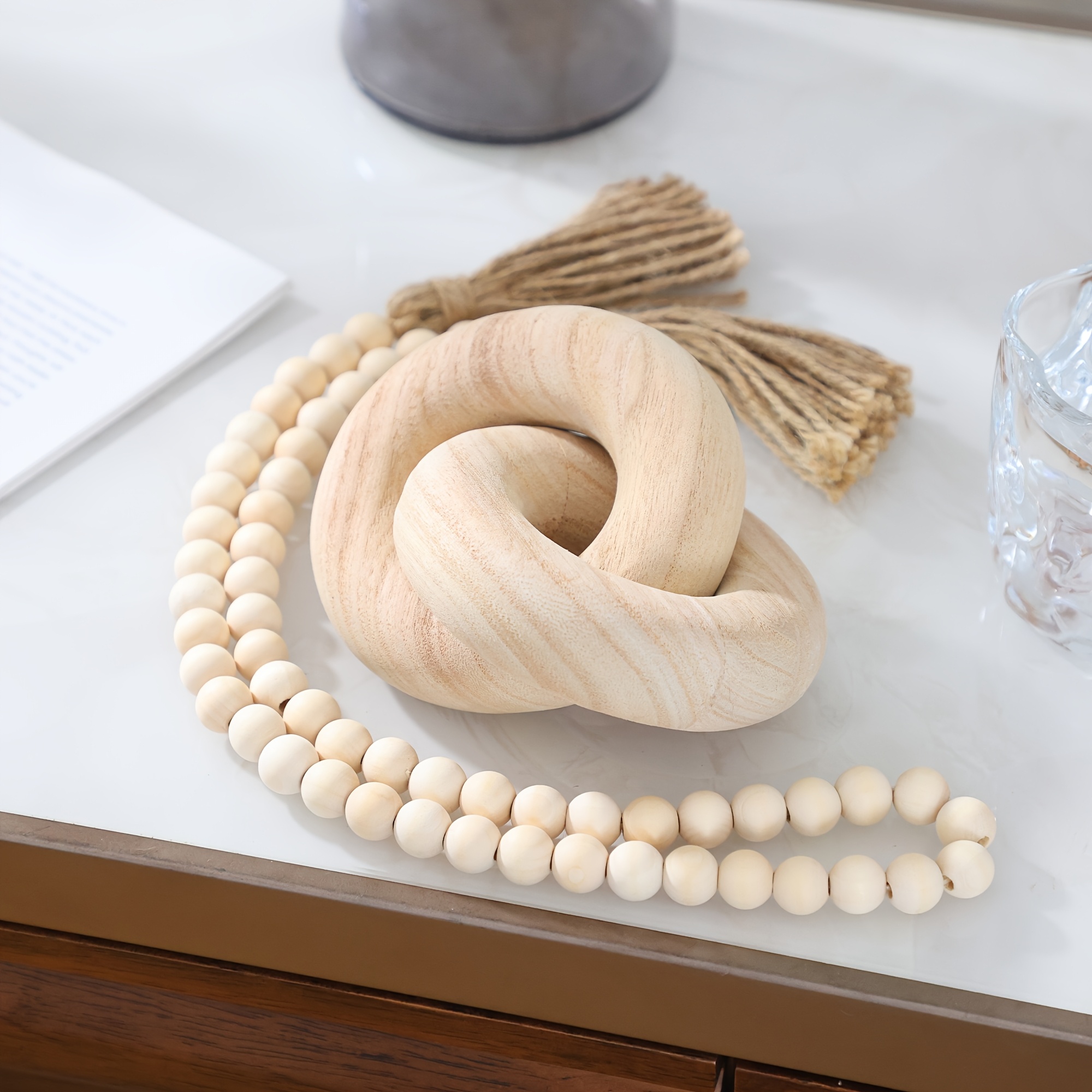 Image of 2pcs Decorative Wood Chain Link And Wood Bead Garland Set - Hand Carved Wood Knot Decor, 36 Inch Wood Bead Garland With Tassels For Rustic Room Coffee Table Decoration