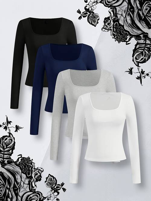 4pcs womens long sleeved base shirt casual and simple multi colored fit round neck long sleeved womens t shirt versatile for autumn and winter fashionable and trendy inner layer alone or with outerwear