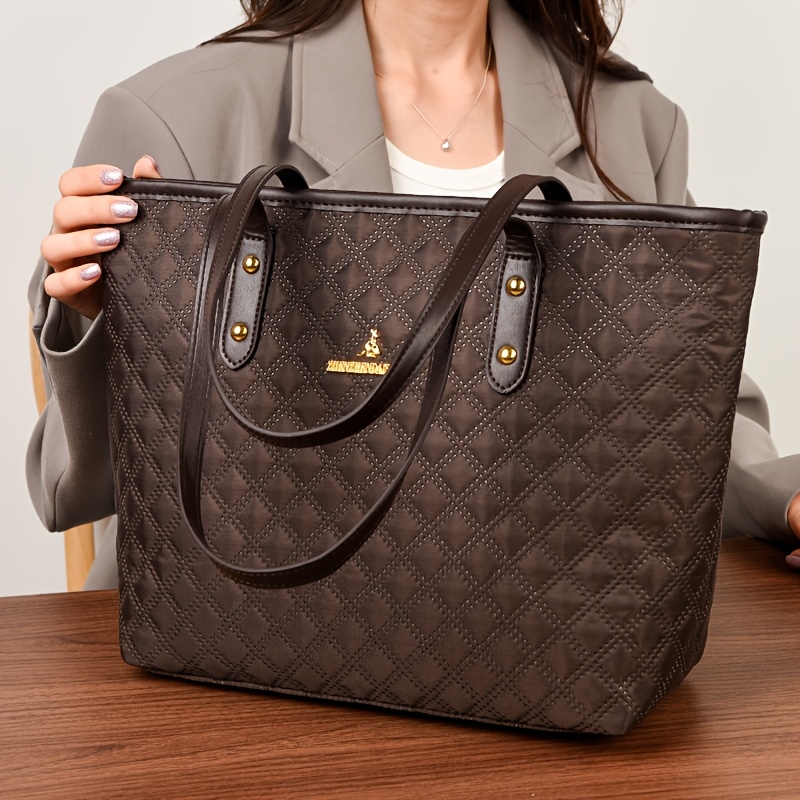 TEMU Women's Tote Bag, Vintage-style Quilted Design, Large Capacity Shoulder Bag For Women, Zipper Closure With Fixed Shoulder Strap, Black, Dark
