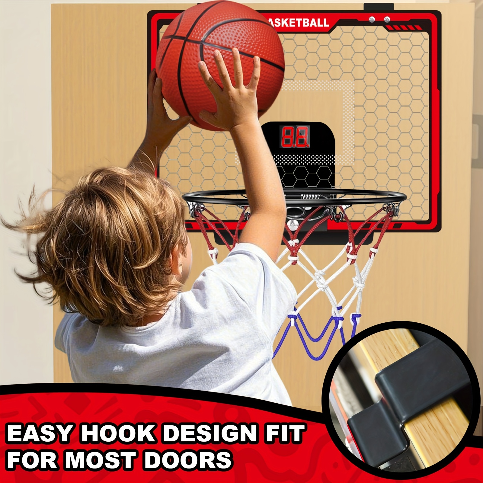 Indoor Mini Basketball Hoop for Kids, Basketball Hoops Over The Door with LED Lighting, Mini Hoop with Scoreboard & 3 Balls, Basketball Toys Gifts for 5 6 7 8 9 10 11 12 Year Old Boys Girls