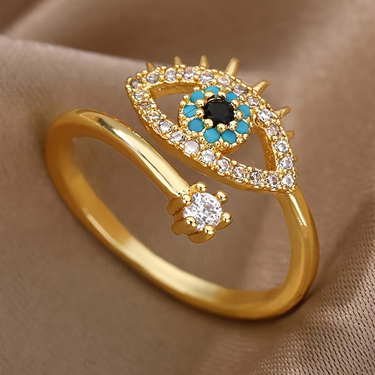 1pc Copper-set Sparkling Cubic Synthetic Zirconia Open Adjustable Evil Eye Ring For Women, Vintage Minimalist Style, Set With Cubic Synthetic Zirconia, Daily Wear Jewelry