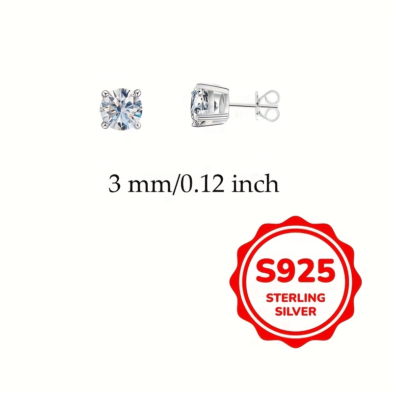 Image of 925 Sterling Silvery 0.1-0.8ct White 3/4/5/6mm Round Synthetic Zirconia Stud Earrings For Women Daily Wear Accessories Trendy Female Gift
