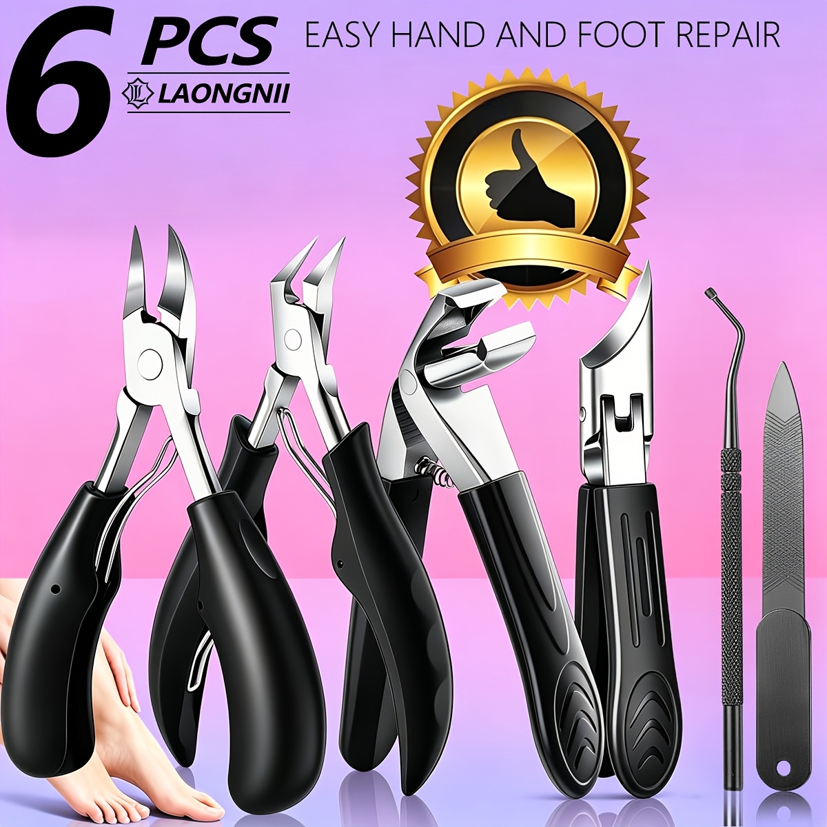 TEMU Men's 6pcs Heavy Duty Toenail Clipper Set - Includes Nail Clippers, Trimming Tools, Foot Scraper, Cuticle Pusher - Handle, Suitable For Men,
