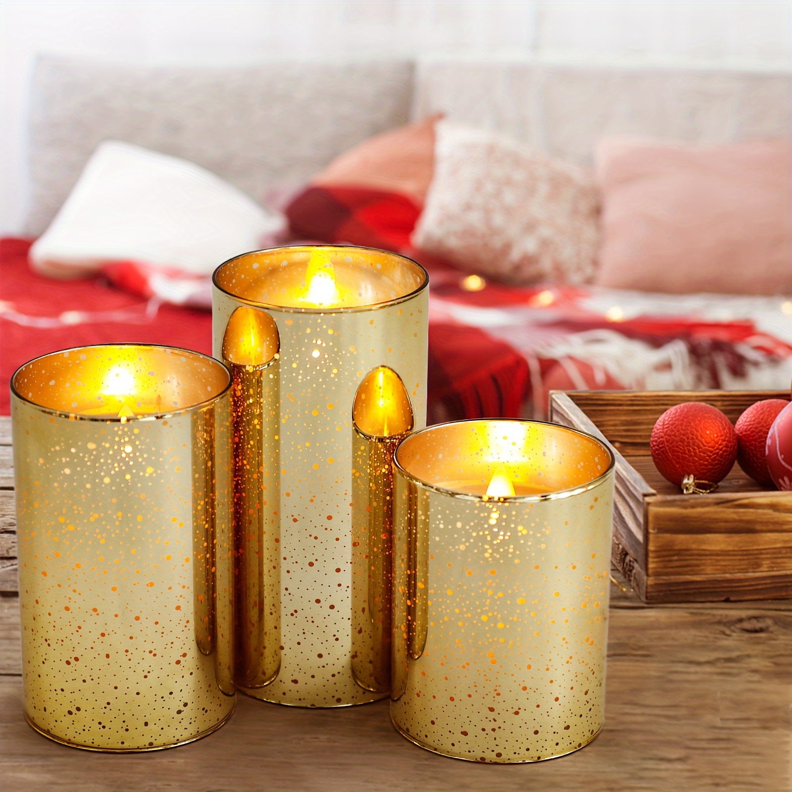 

Gold Glass Flameless Candles With Timer, 3 Pieces Set Led Flameless Candles, Battery Operated Flameless Pillar Glass Candles