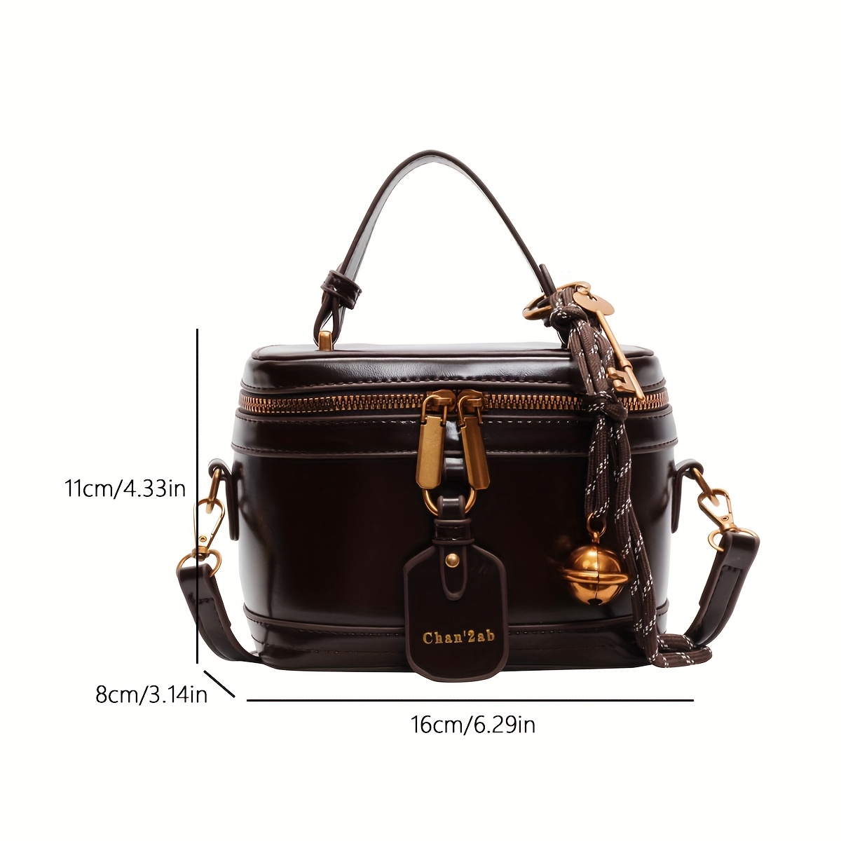 Elegant Retro Women's Crossbody Bag with Bell Pendant – Stylish Brown Handbag with Adjustable Strap, Zipper Closure, and Golden-Tone Hardware for Work, Date, Shop, and Party