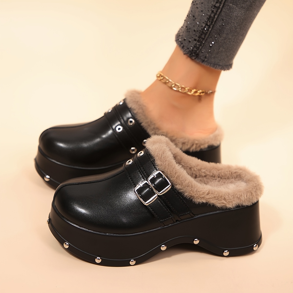 TEMU Chaussures décontractées pour femme, , élégantes et confortables, adaptées aux quotidiens. mules d'hiver pour femme avec semelle épaisse cloutée