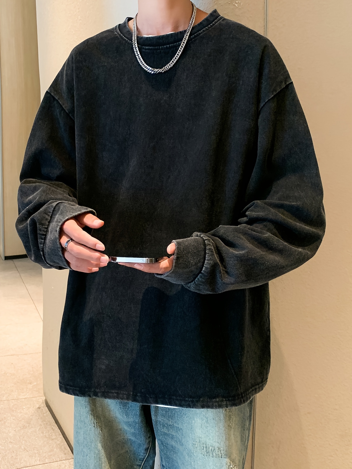 sudadera holgada 100% algodón hombre estilo vintage cuello Temu