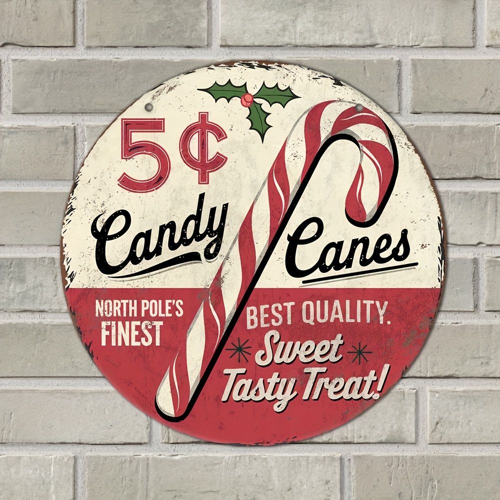 

Vintage Christmas Candy Cane Wall Sign - 8"x8" Aluminum Holiday Decor With "5¢ Candy Canes" Design | Kitchen, Cafe, Home & Party Accent | Unique, Funny & Wall Art, Candy Cane Christmas Decorations