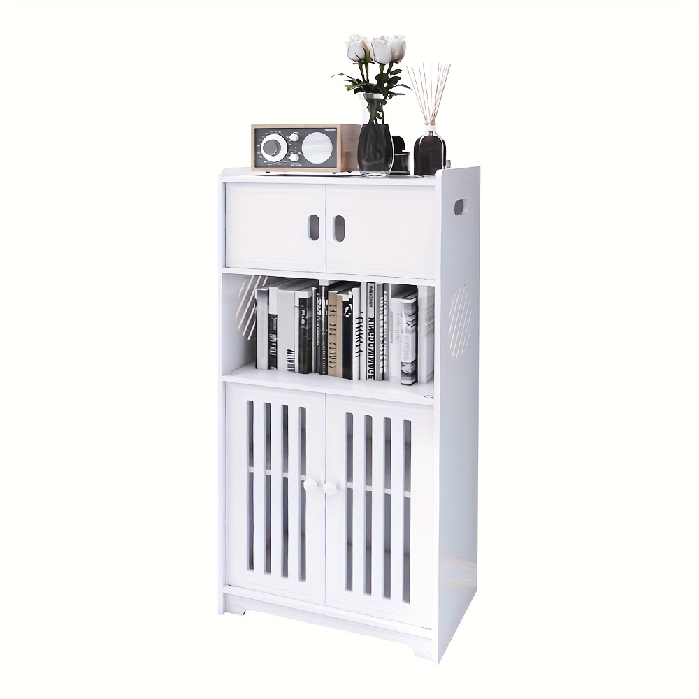 Lightweight White Pvc Bookcase Featuring Doors, Standing 75cm Tall, Ideal For Storage In Study And Bedroom, With Multiple Doors And Adjustable Shelves For Efficient Space Utilization