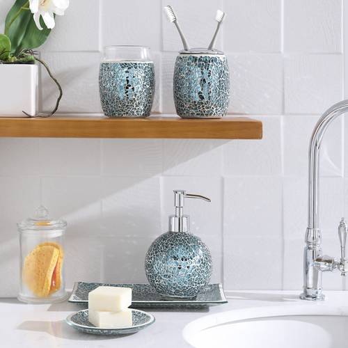 5pcs bathroom accessory sets crackle mosaic glass ensemble lotion dispenser toothbrush holder tumbler vanity tray soap dish navy blue