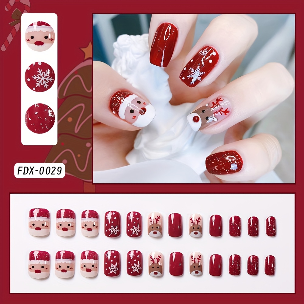 

24pcs Christmas Press-on Nails Kit - Cute Santa, Reindeer & Snowman Designs With & Golden Glitter - Medium Square Shape For Women And Girls - Includes Jelly Adhesive & Nail File, Press-on Nails Set